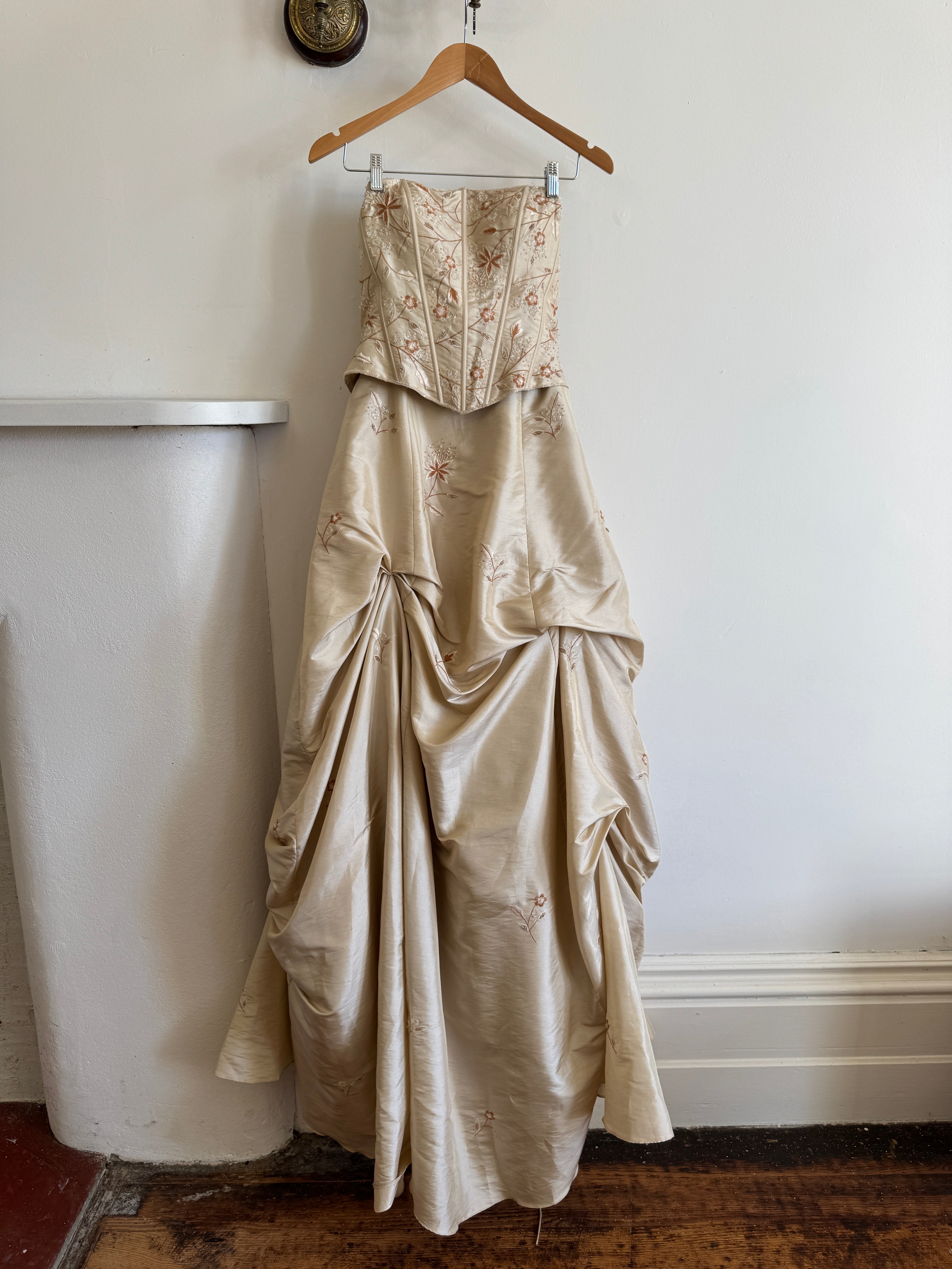 Vintage 90s Golden Embroidered Princess Strapless Gown