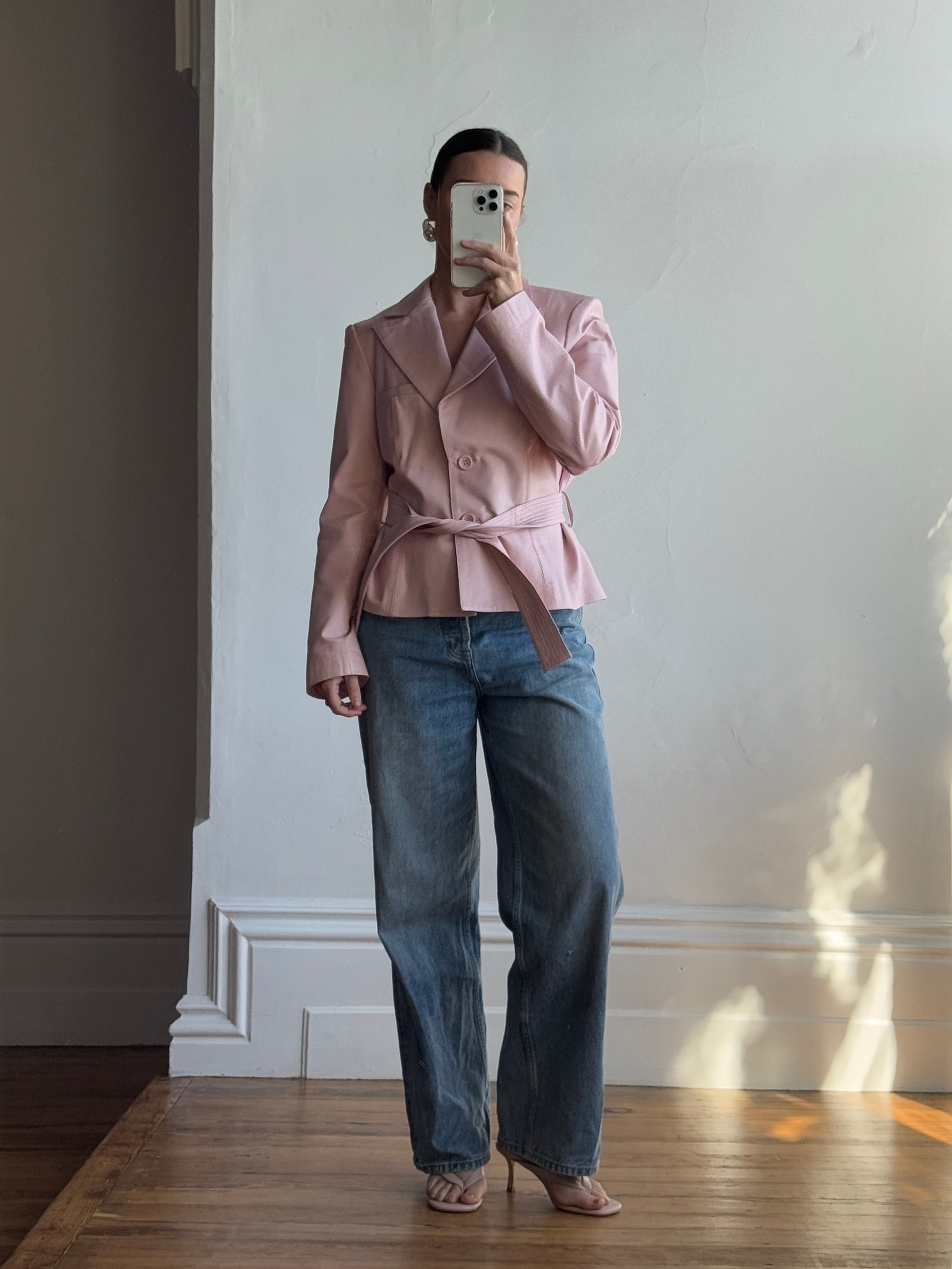 Vintage 90s Mini Trench Leather Jacket Baby Pink