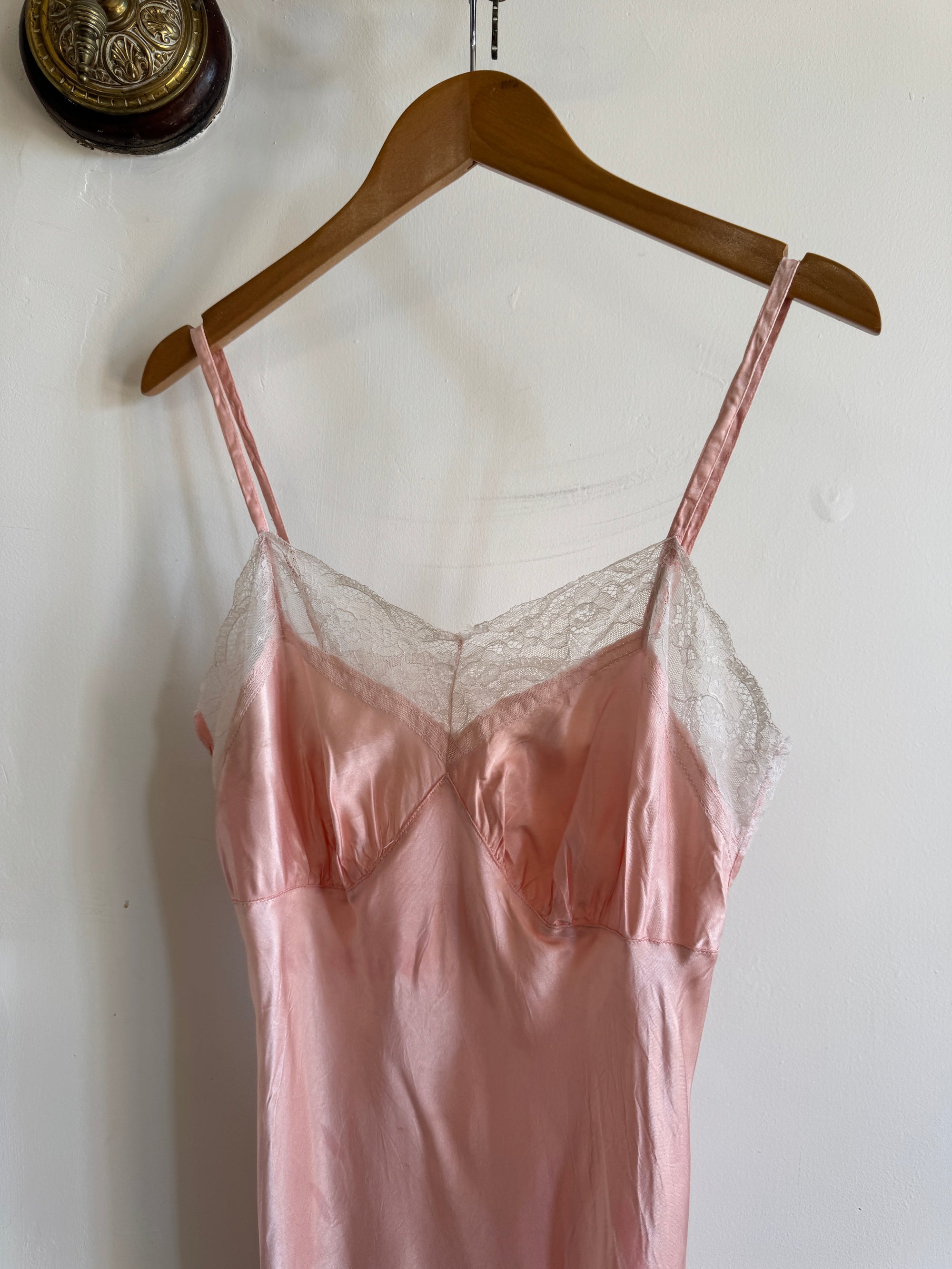 Vintage 50s Liquid Satin Slip Pink Dress Creme Lace