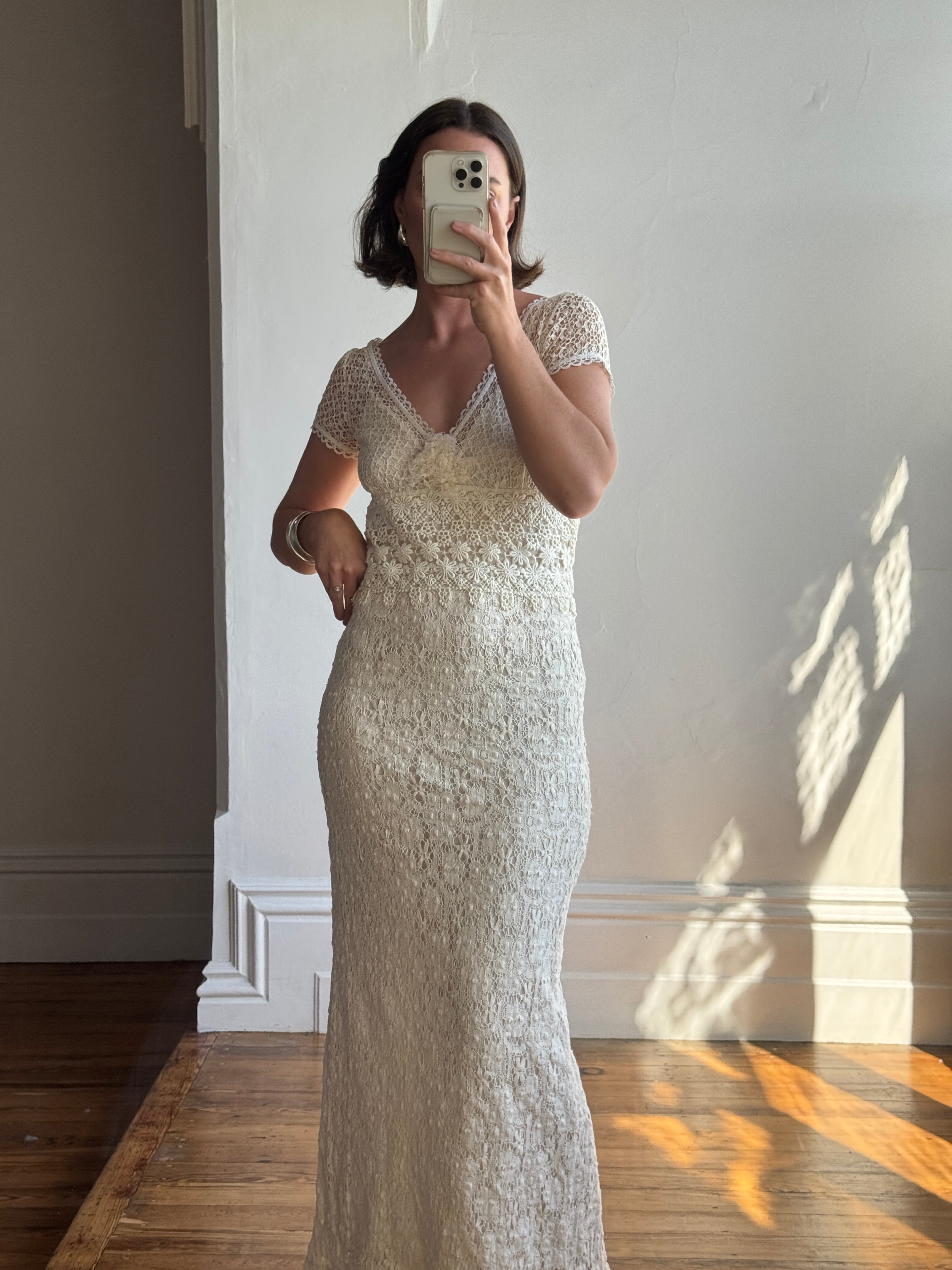 Vintage Y2K Designer Pure Silk and Cotton Crochet Wedding Dress