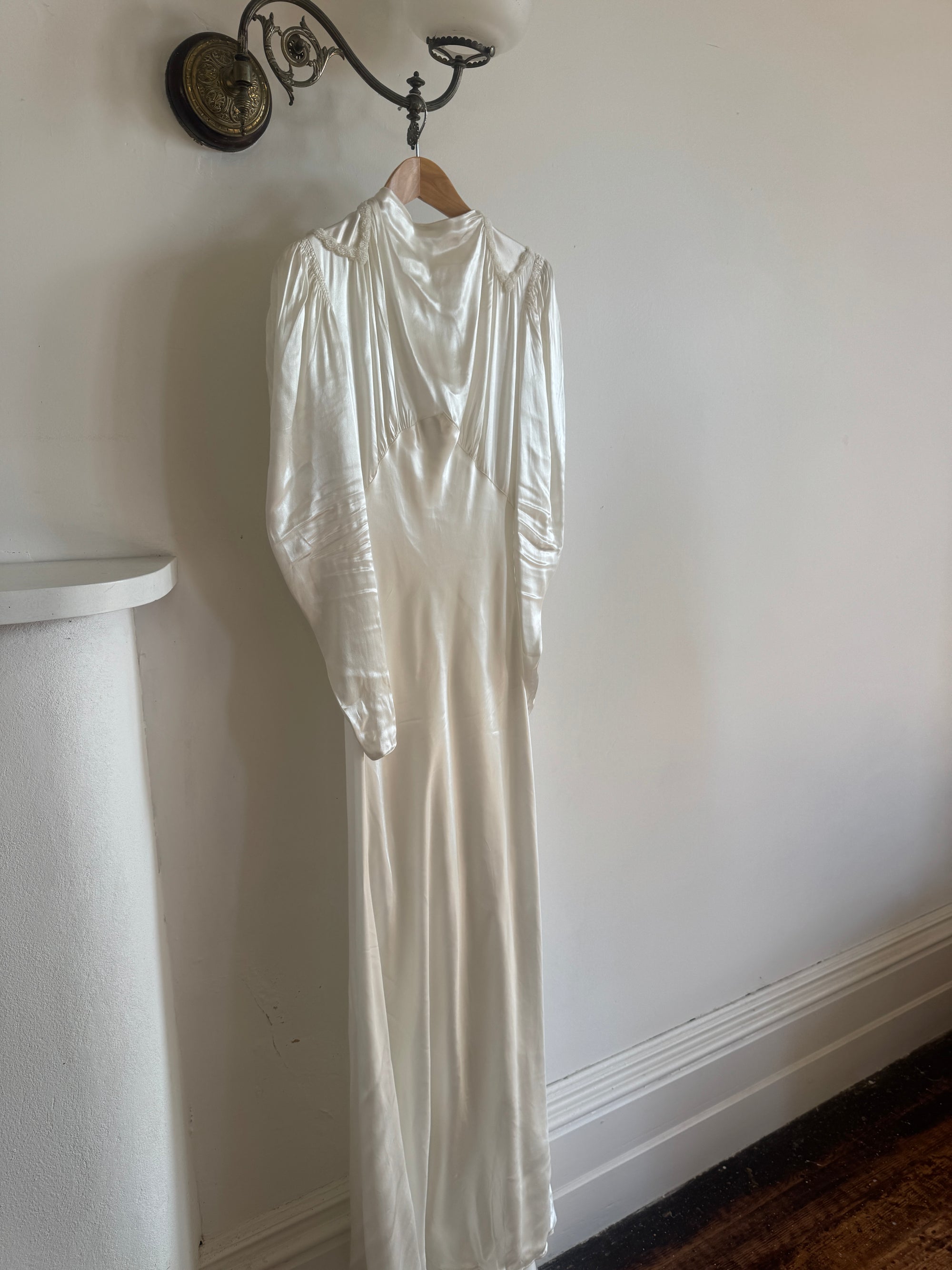 Vintage 40s Liquid Satin Beaded Wedding Gown with Chapel Train