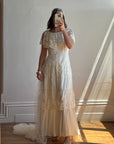 Vintage 70s Creme Tiered Lace Wedding Dress with Pleats