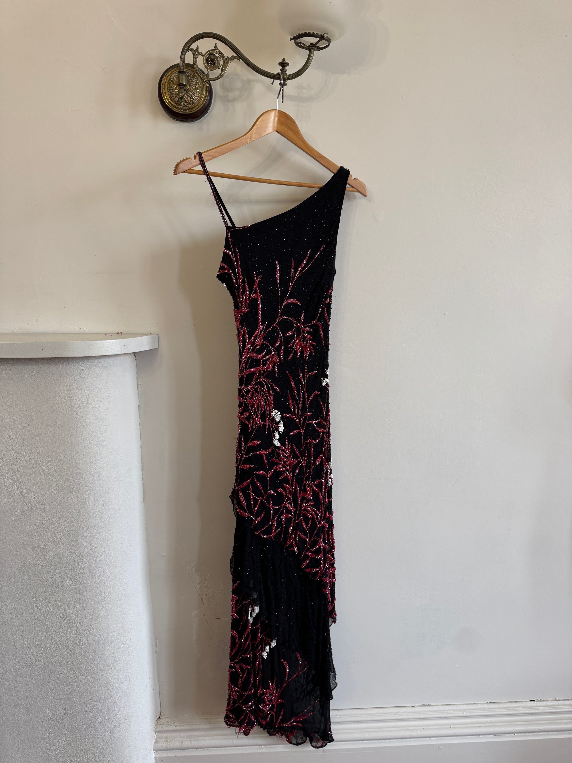 Vintage 90s Beaded Asymmetrical Evening Dress Red Vine
