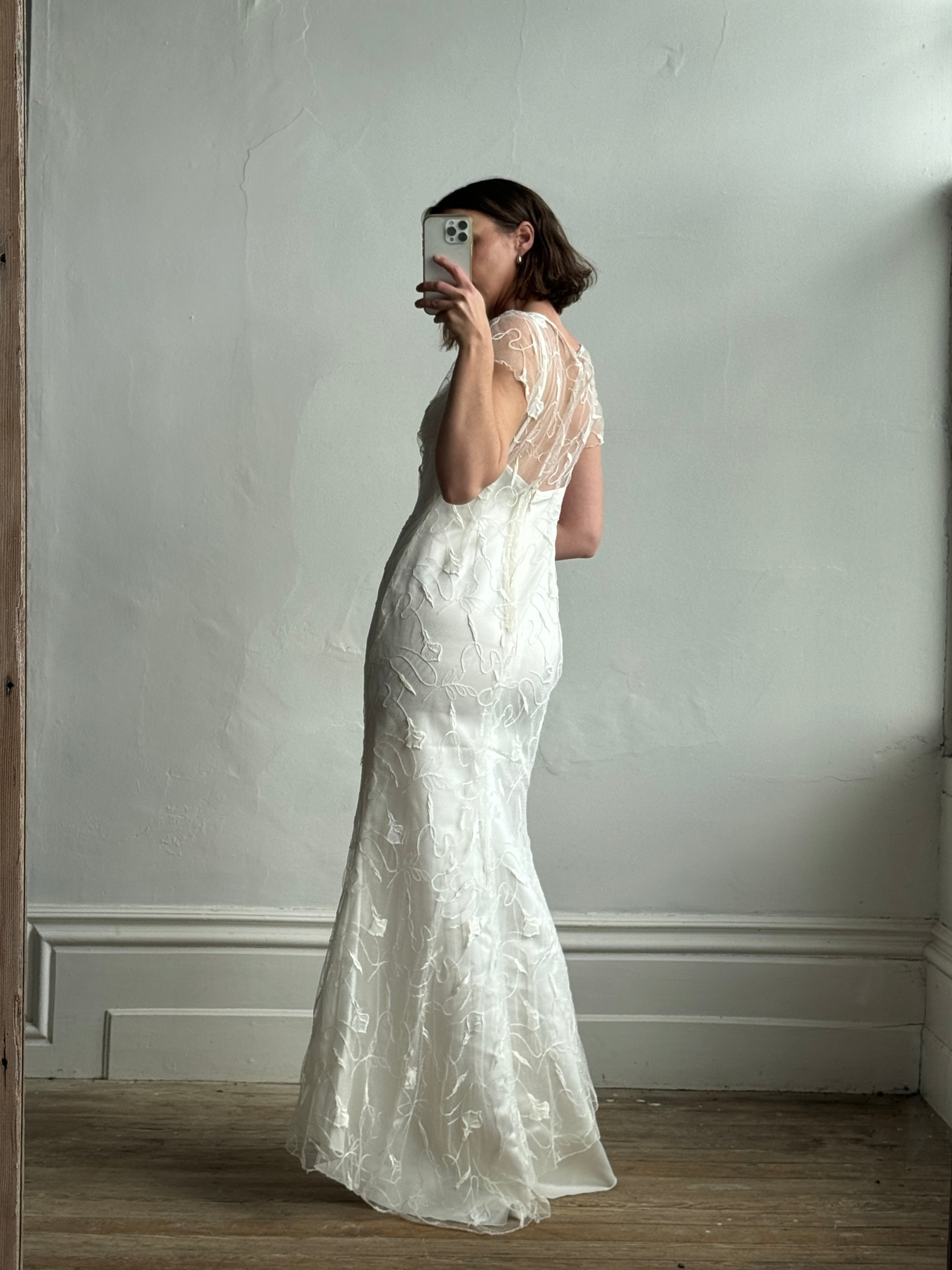 Vintage 90s Net Cowl Neck Mermaid Wedding Dress