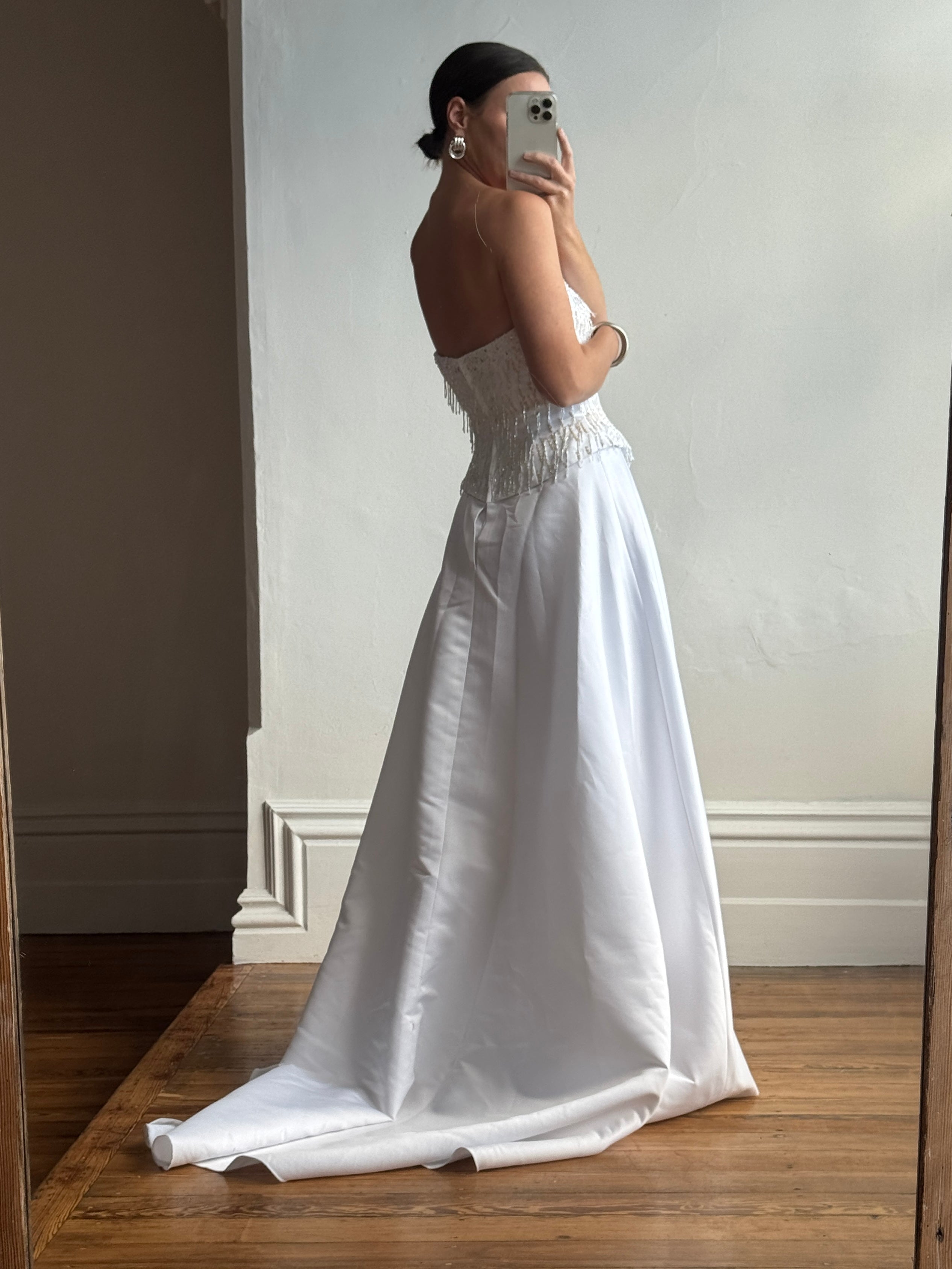 Vintage 90s Beaded Tassel Strapless Satin Wedding Gown