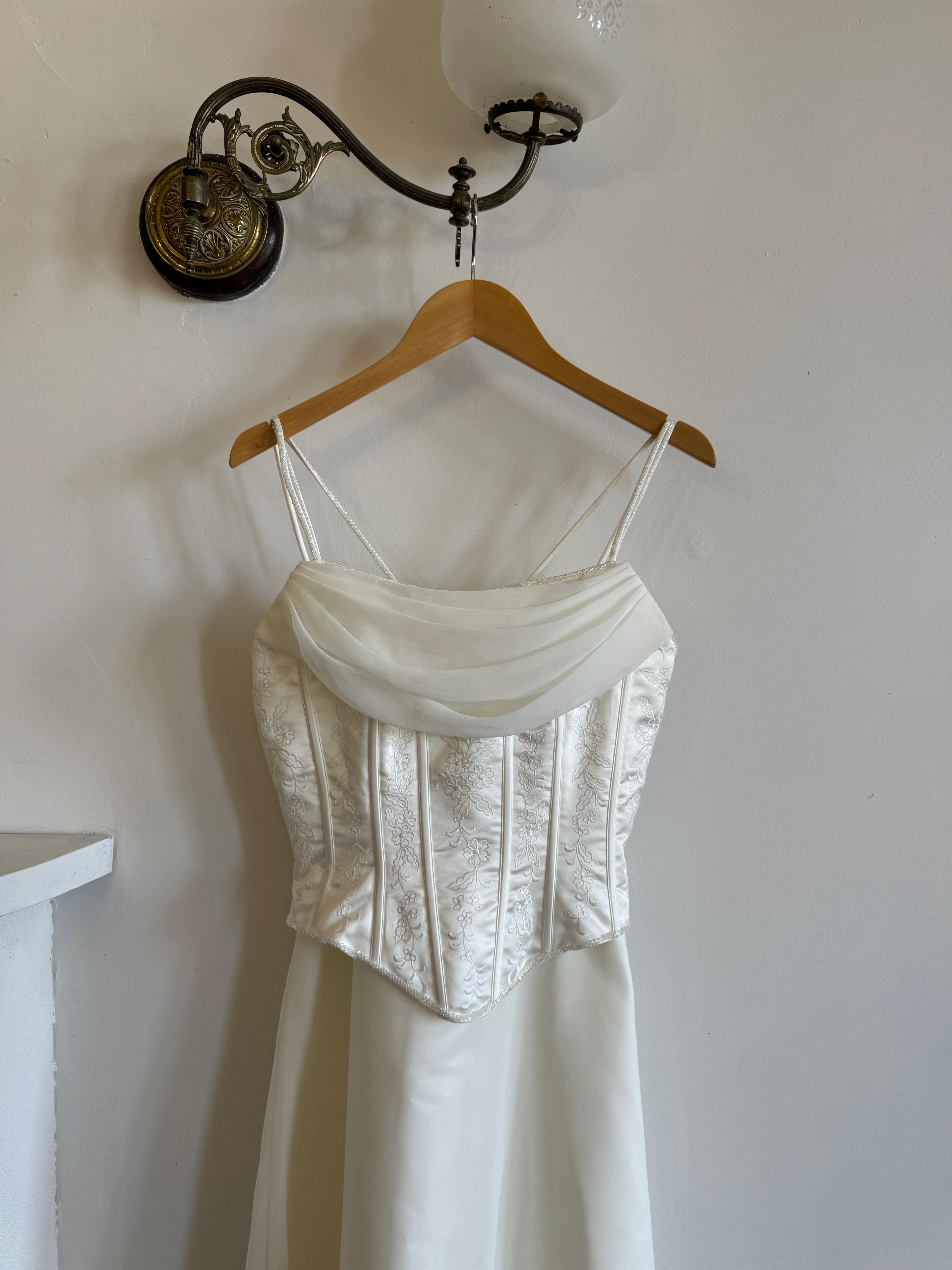Vintage 90s Cowl Neck Jacquard Bodice Satin Wedding Dress
