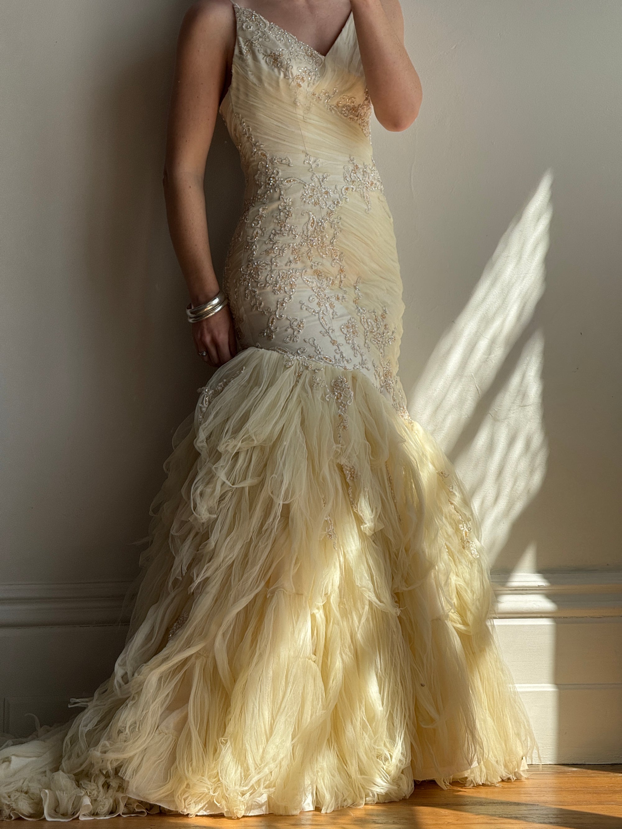 Vintage 90s Fishtail Beaded Tulle Wedding Gown Champagne