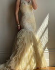 Vintage 90s Fishtail Beaded Tulle Wedding Gown Champagne