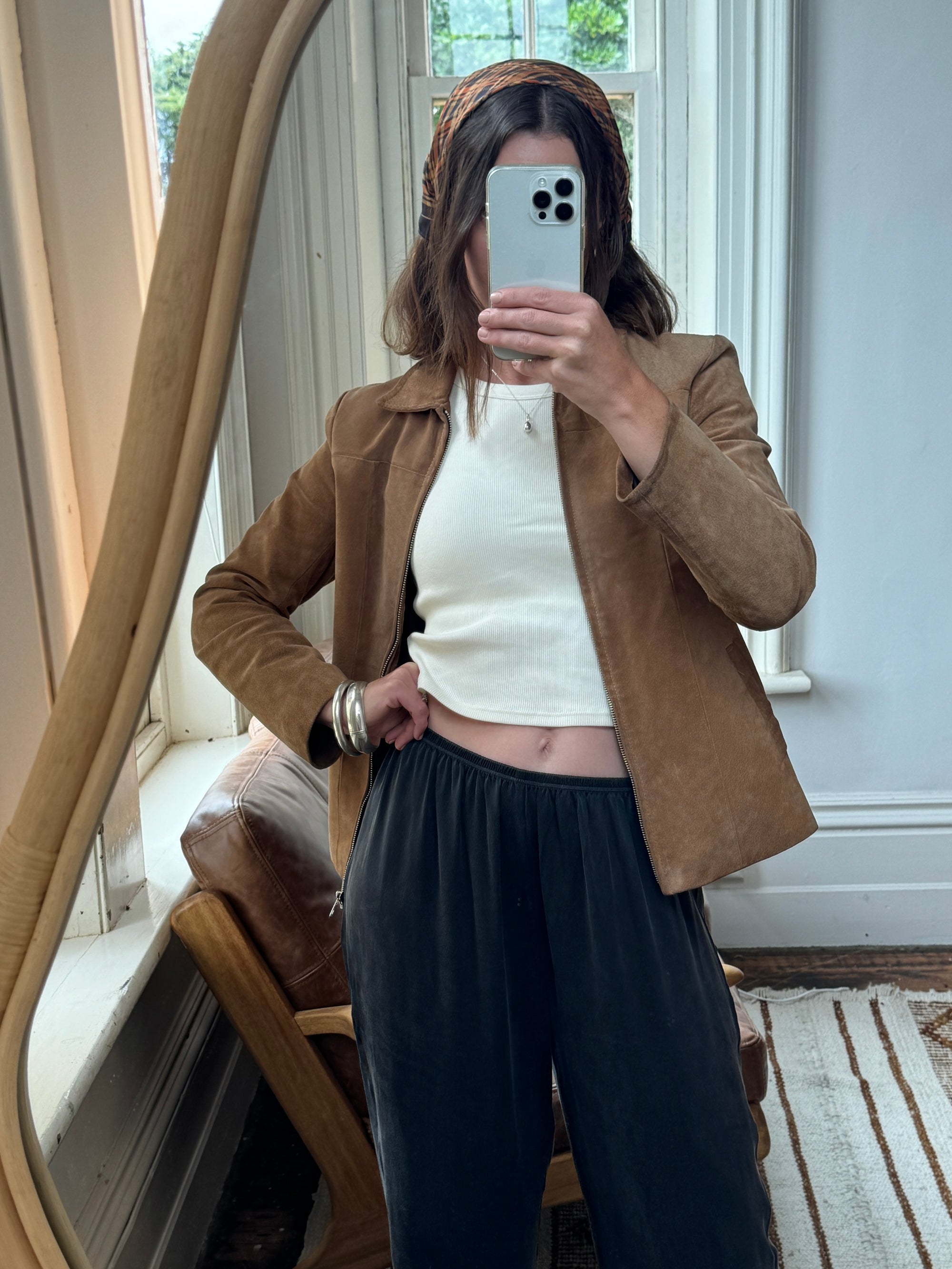 Vintage Tan Leather Zip Front Jacket
