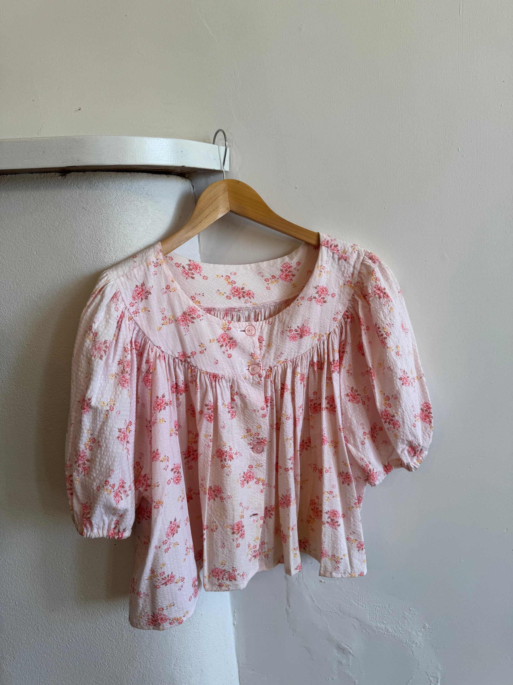 Vintage Puff Sleeve Floral Button Up Blouse Pink