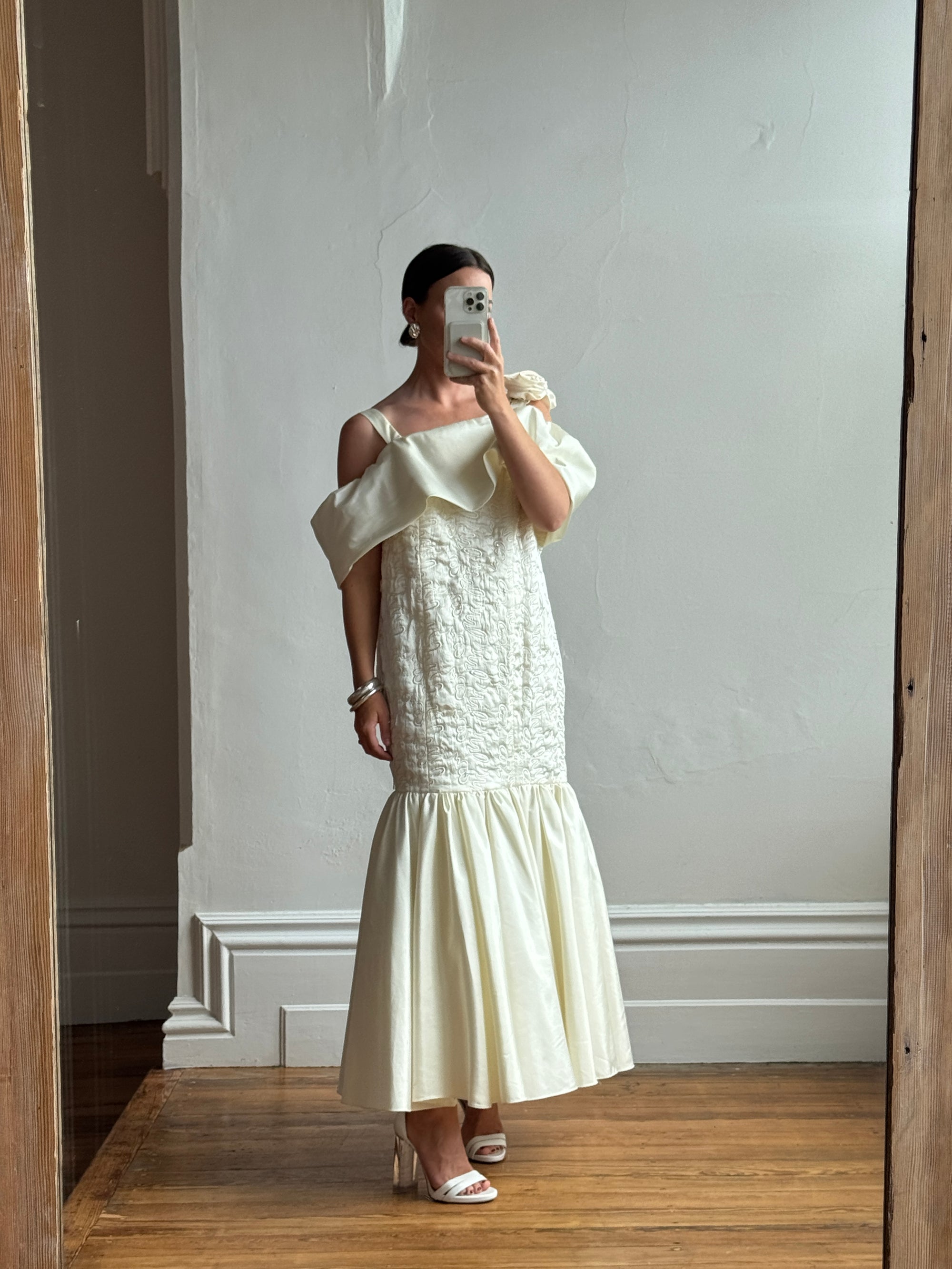 Vintage 80s Drop Waist Quilted Wedding Dress Creme