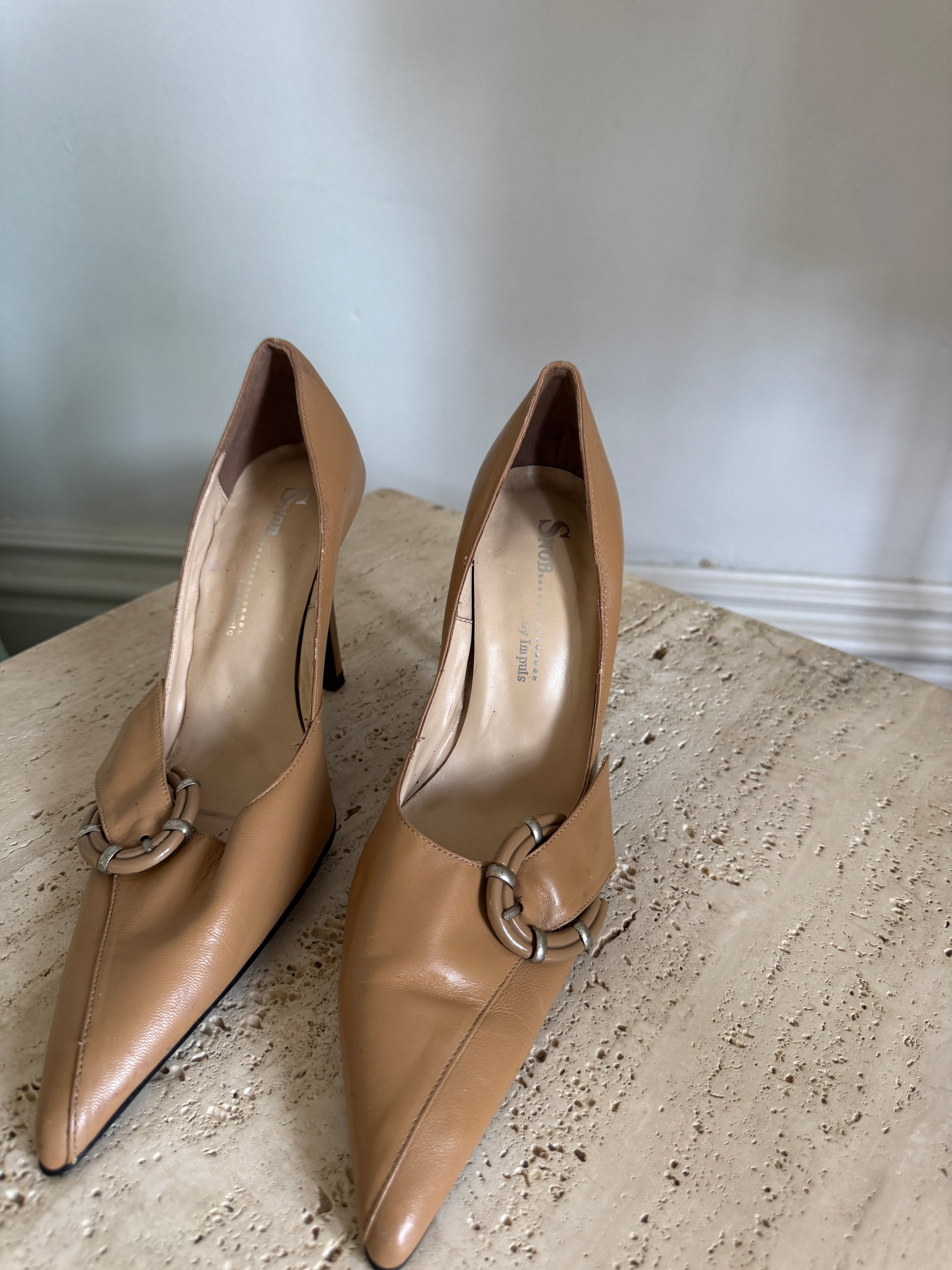 Vintage Y2K Tan Leather Buckle Stiletto Heels