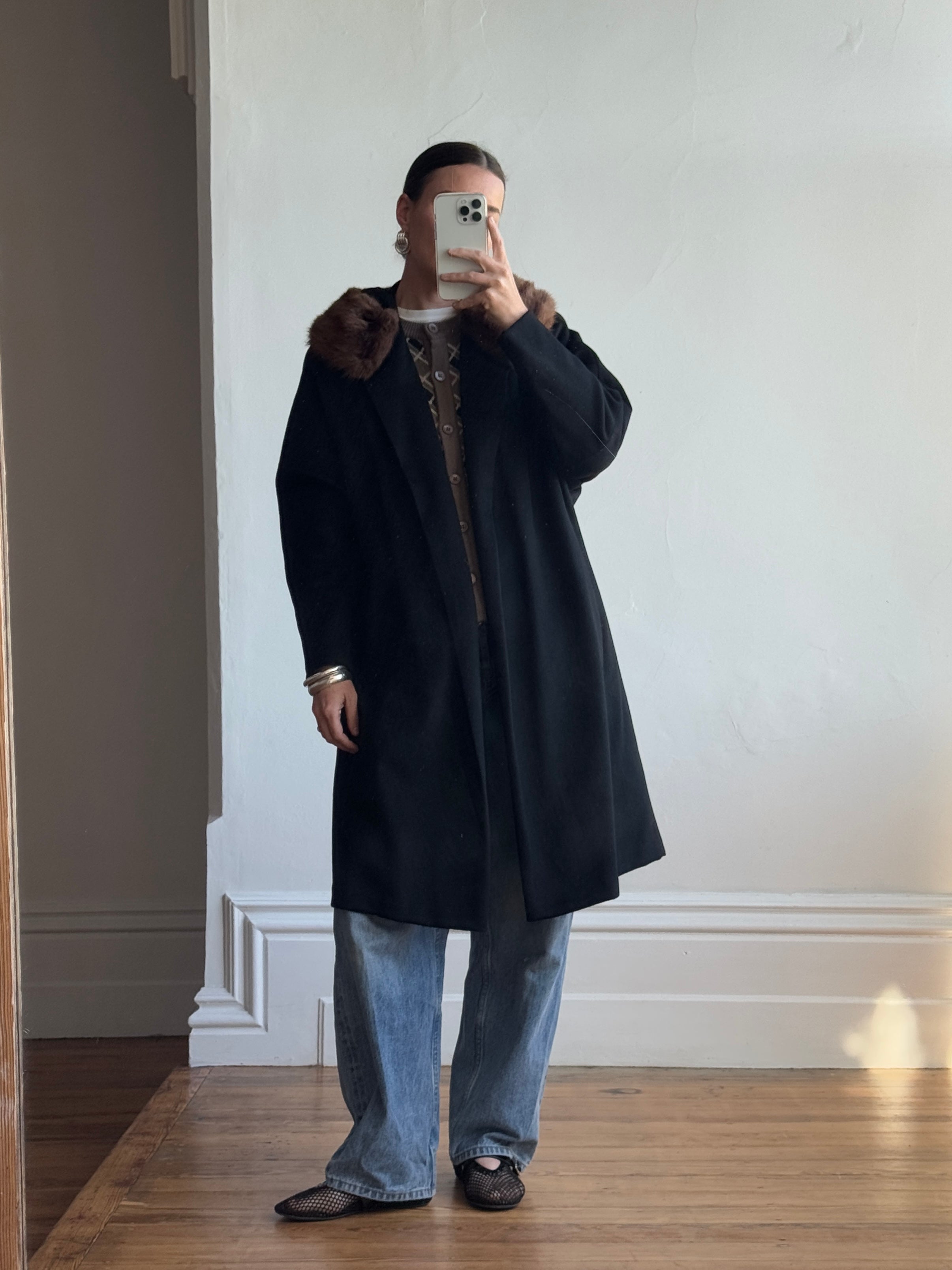 Vintage 60s Noir Pure Wool Mid Length Overcoat with Fur Collar