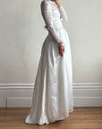 Vintage 50s Reworked Lace Long Sleeve Satin Wedding Gown With Bow
