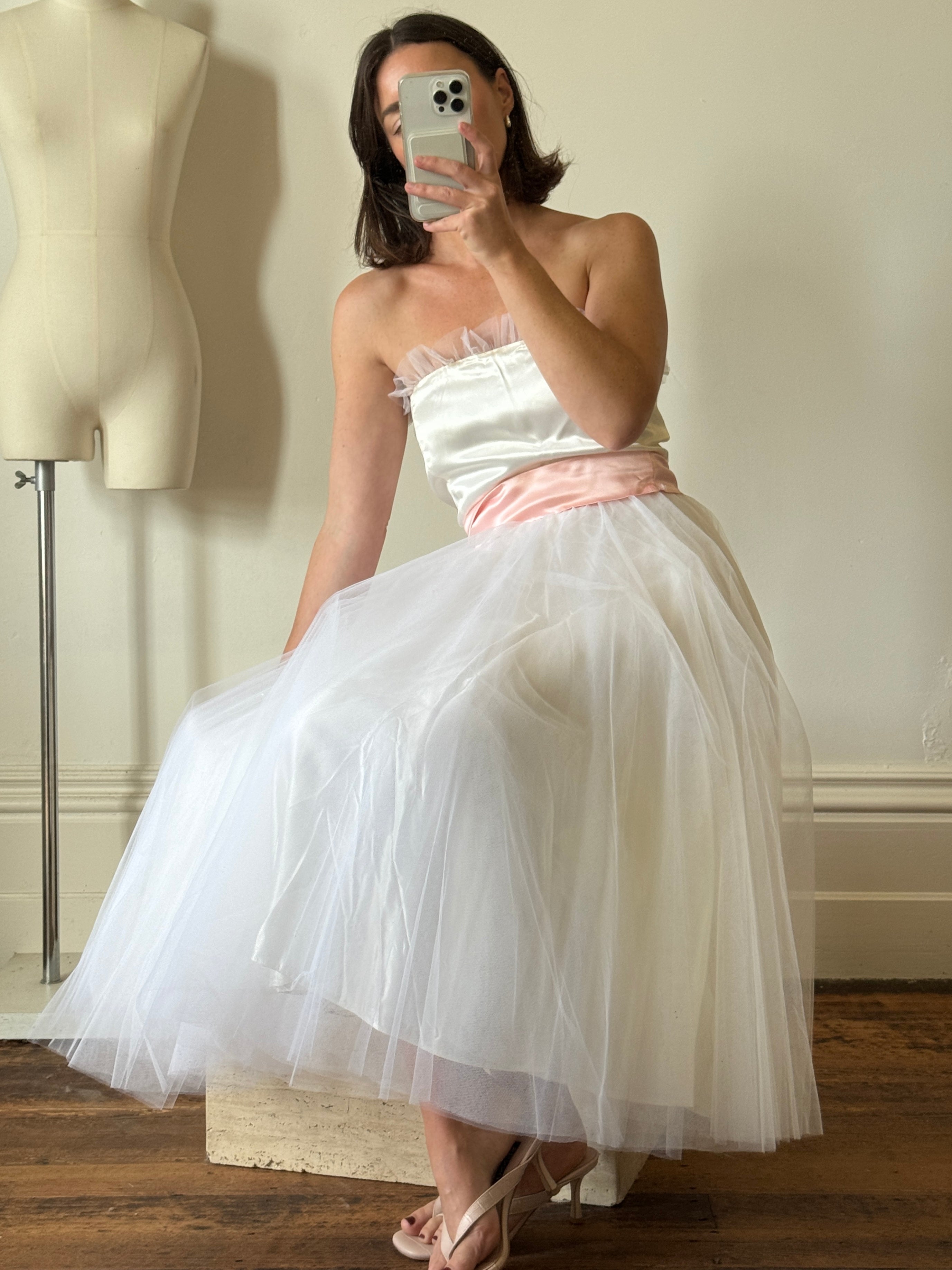 Vintage 80s Cupcake Tulle Dress With Salmon Waist Tie