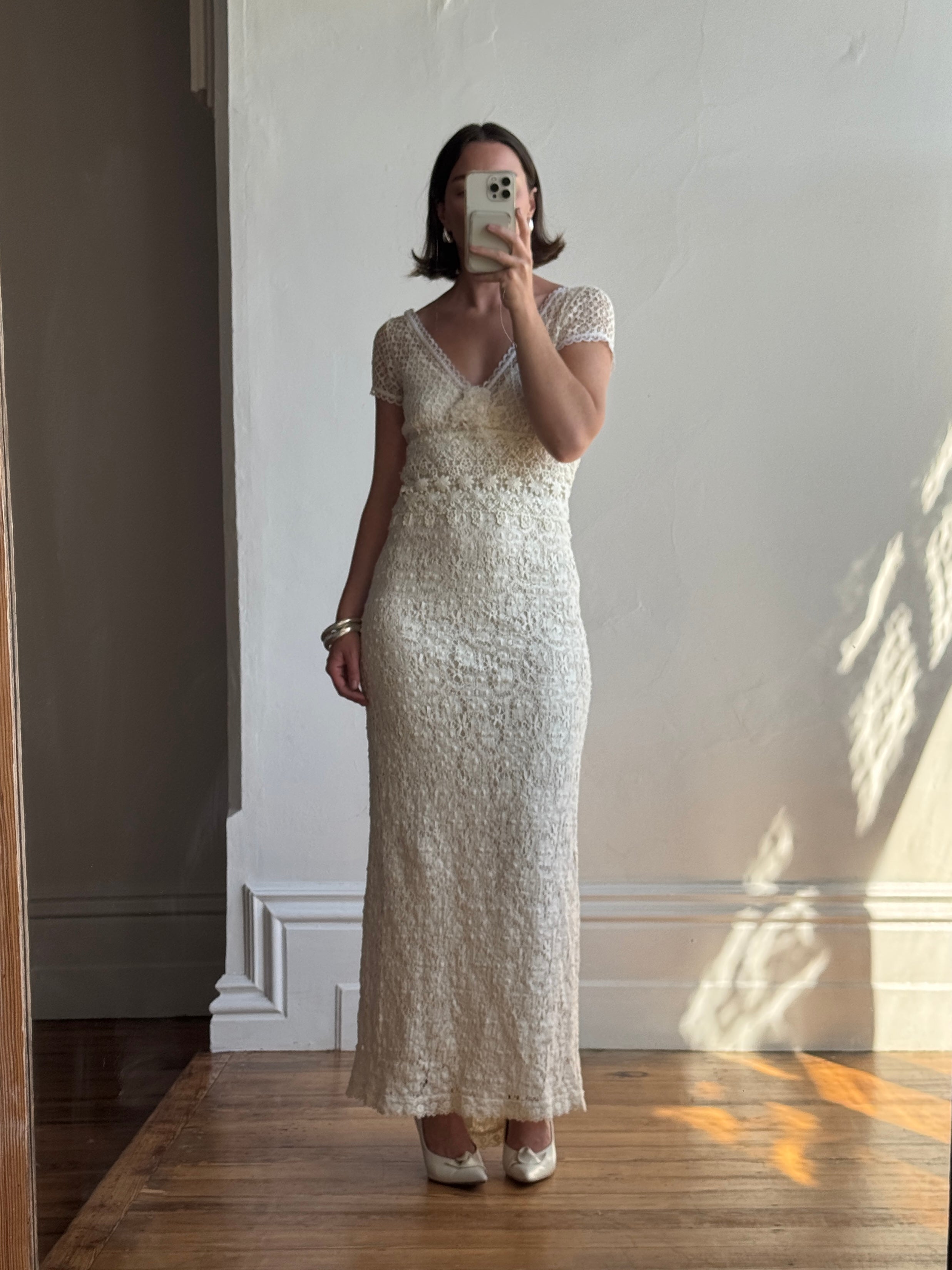 Vintage Y2K Designer Pure Silk and Cotton Crochet Wedding Dress