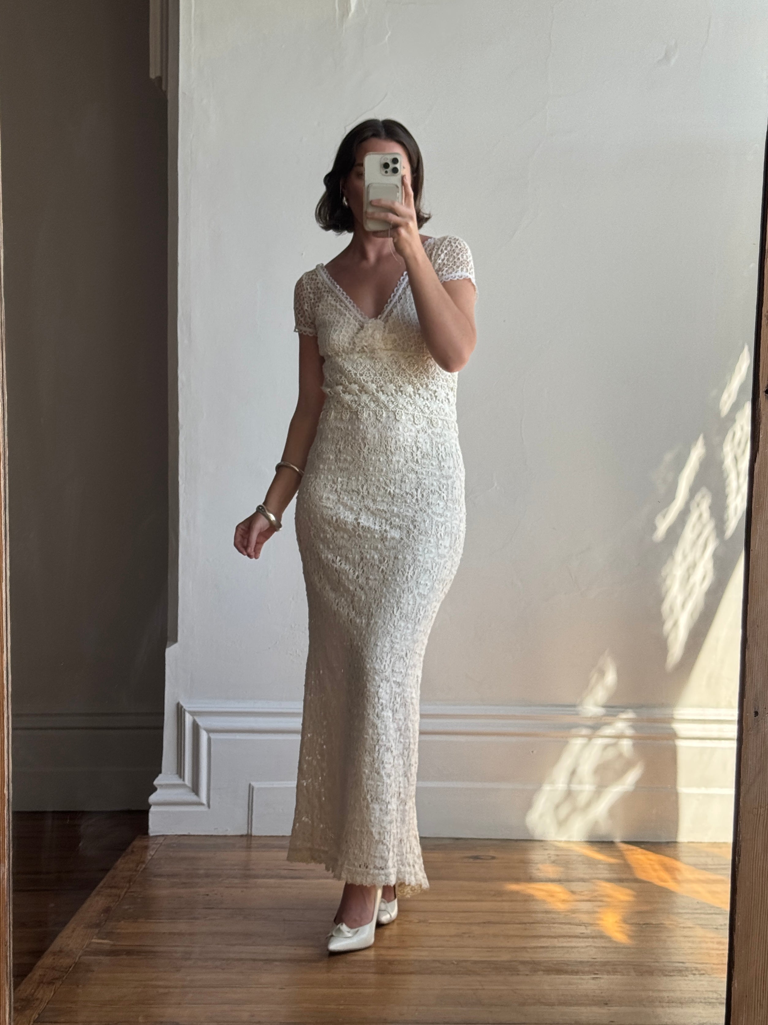 Vintage Y2K Designer Pure Silk and Cotton Crochet Wedding Dress