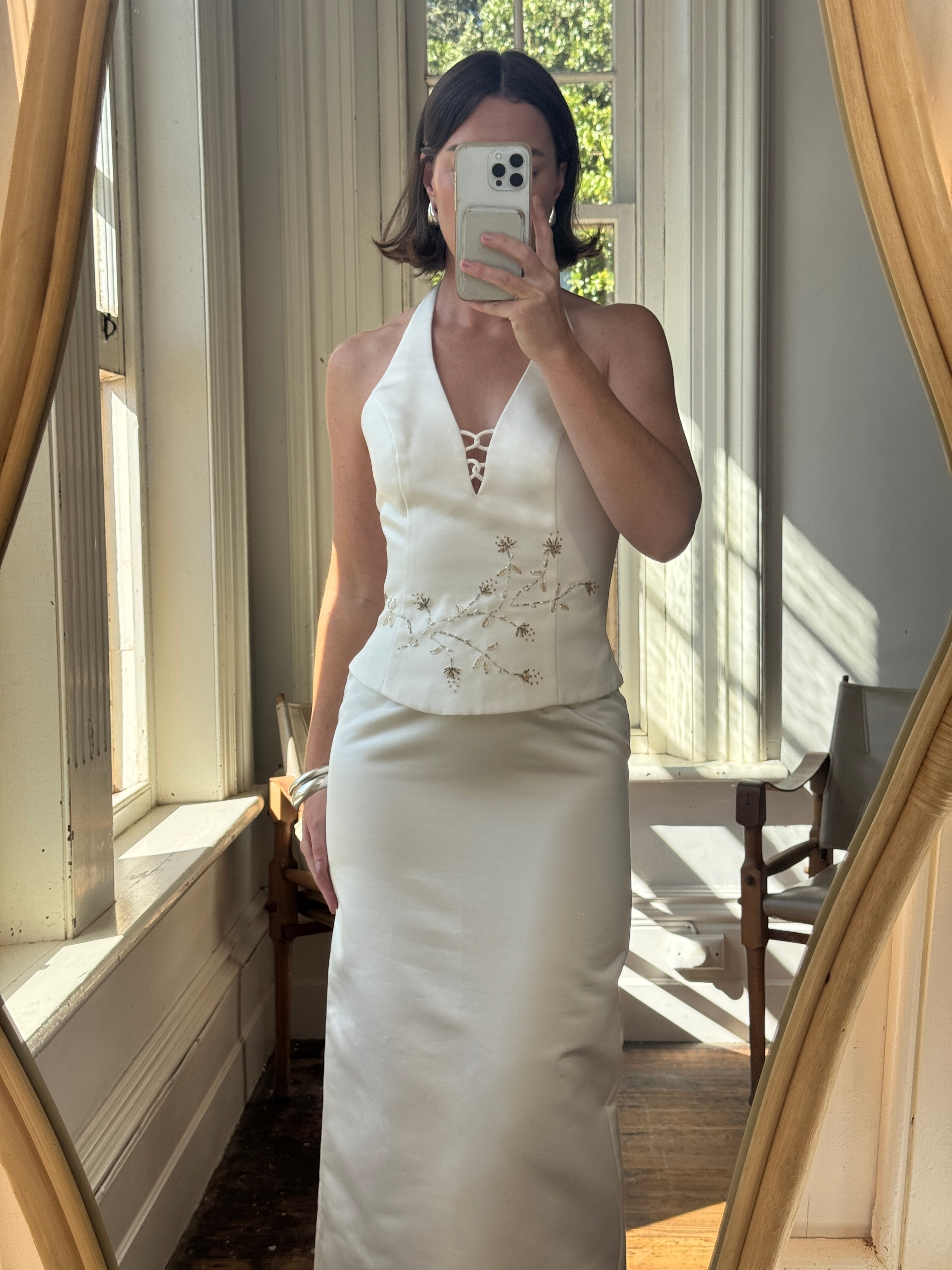 Vintage 90s Halter Two Piece Embellished Satin Wedding Set