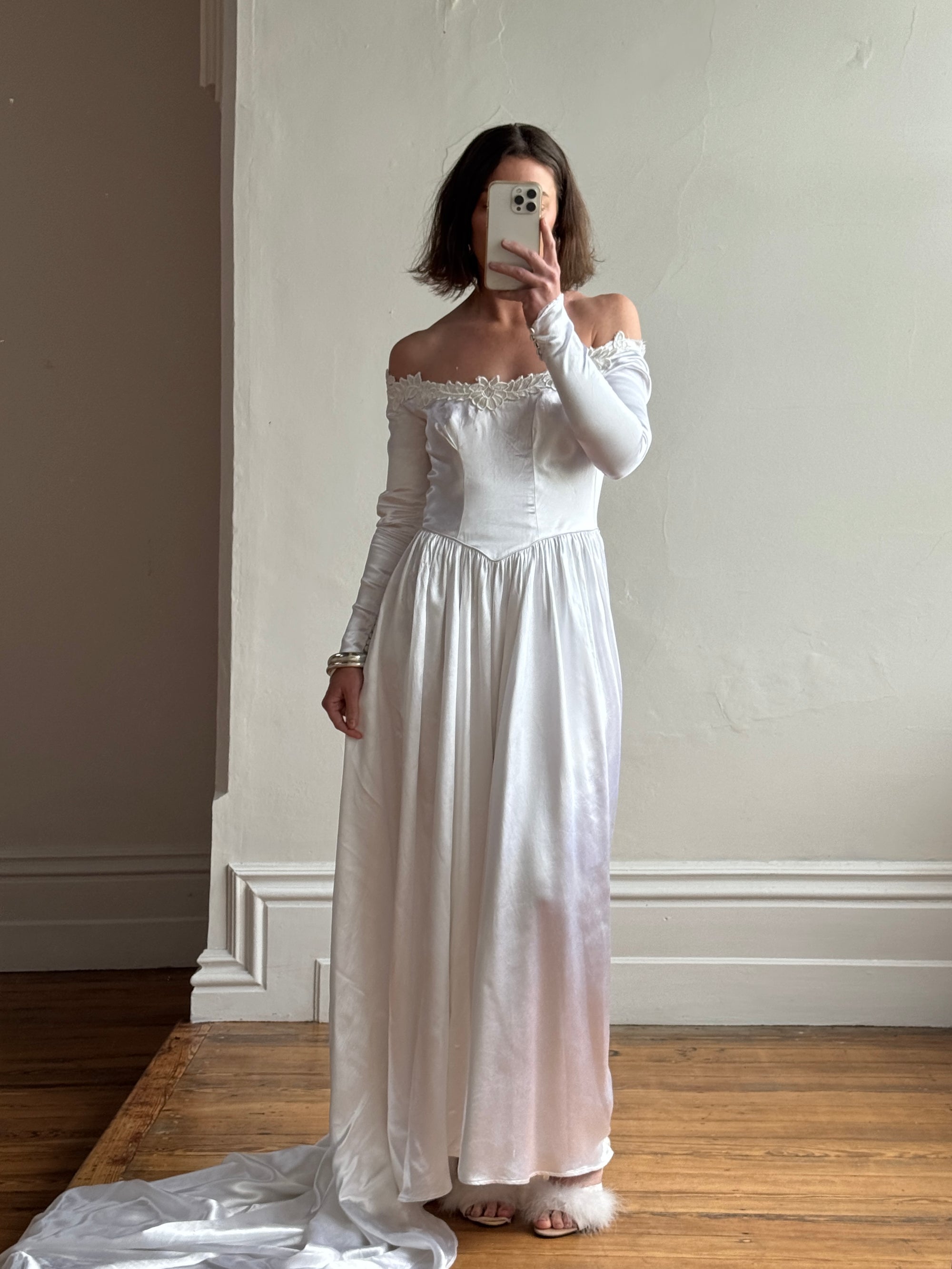 Vintage 50s Liquid Satin Scoop Applique Wedding Gown