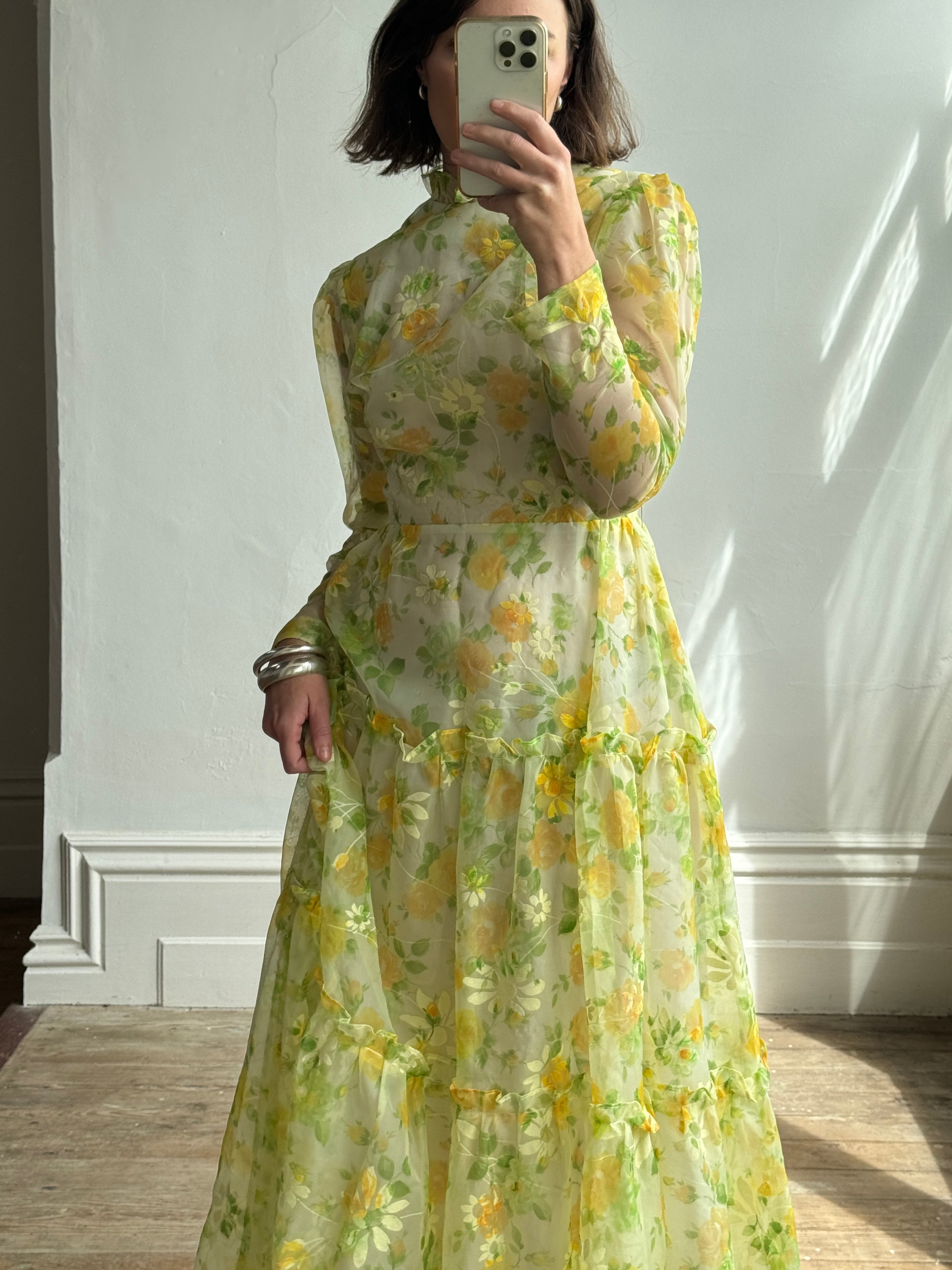 Vintage 70s Lemon Floral Tiered Maxi Dress