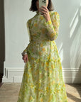 Vintage 70s Lemon Floral Tiered Maxi Dress