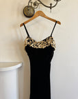 Vintage 40s Velvet Bias Strappy Dress with Lace Trim Noir