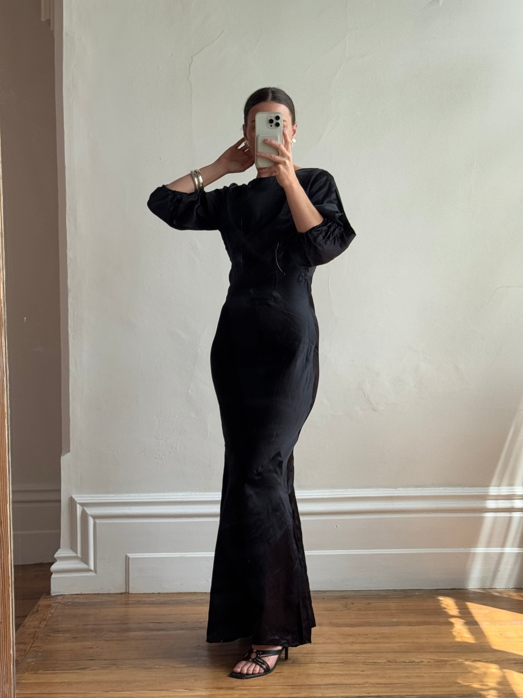 Vintage 30s Black Satin Backless ZigZag Fishtail Dress