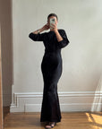Vintage 30s Black Satin Backless ZigZag Fishtail Dress