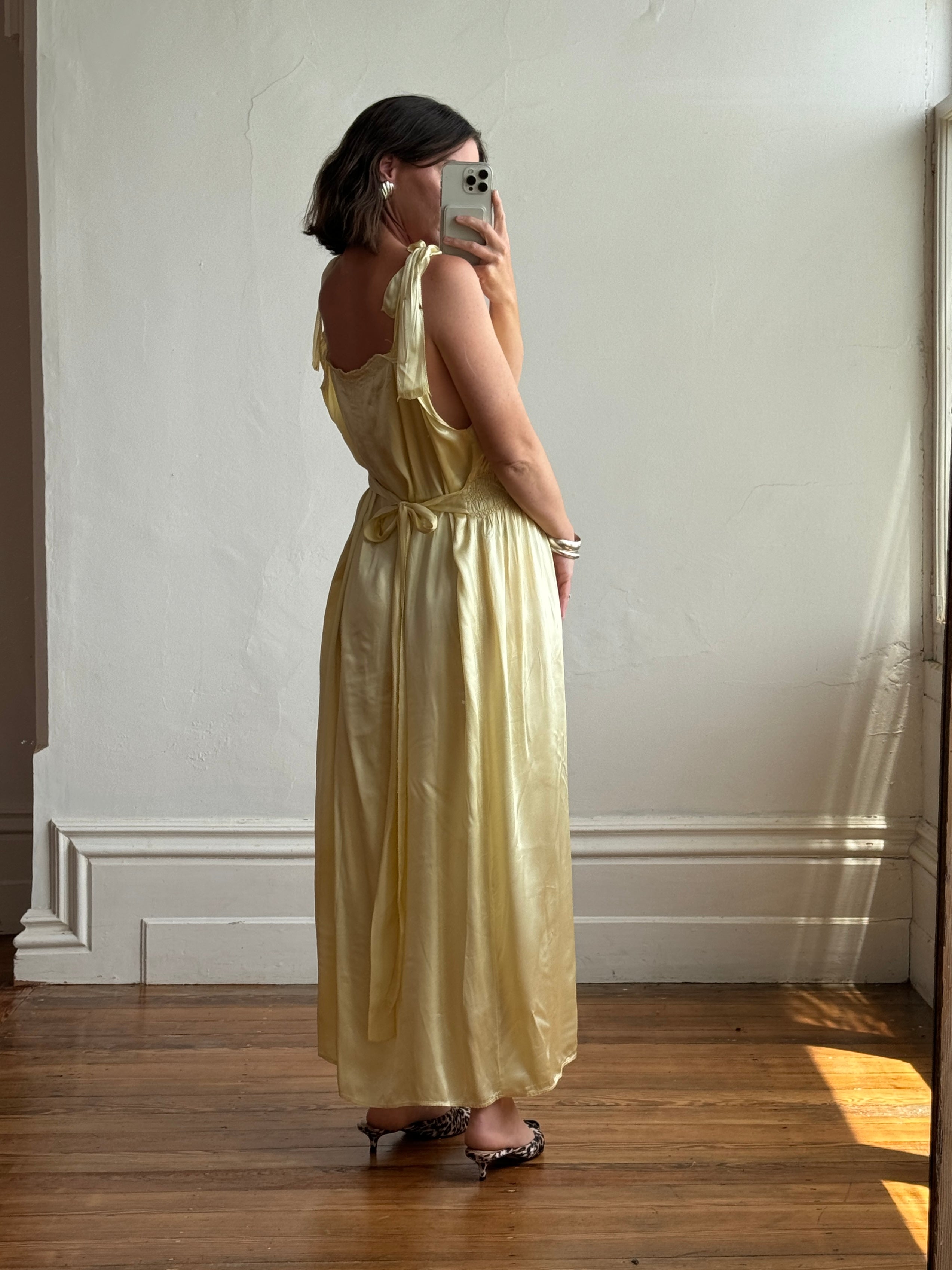 Vintage 40s Liquid Satin Shirred Dress With Ribbon Ties Yellow