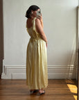 Vintage 40s Liquid Satin Shirred Dress With Ribbon Ties Yellow