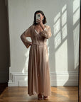 Vintage 80s Champagne Peach Robe and Slip Set