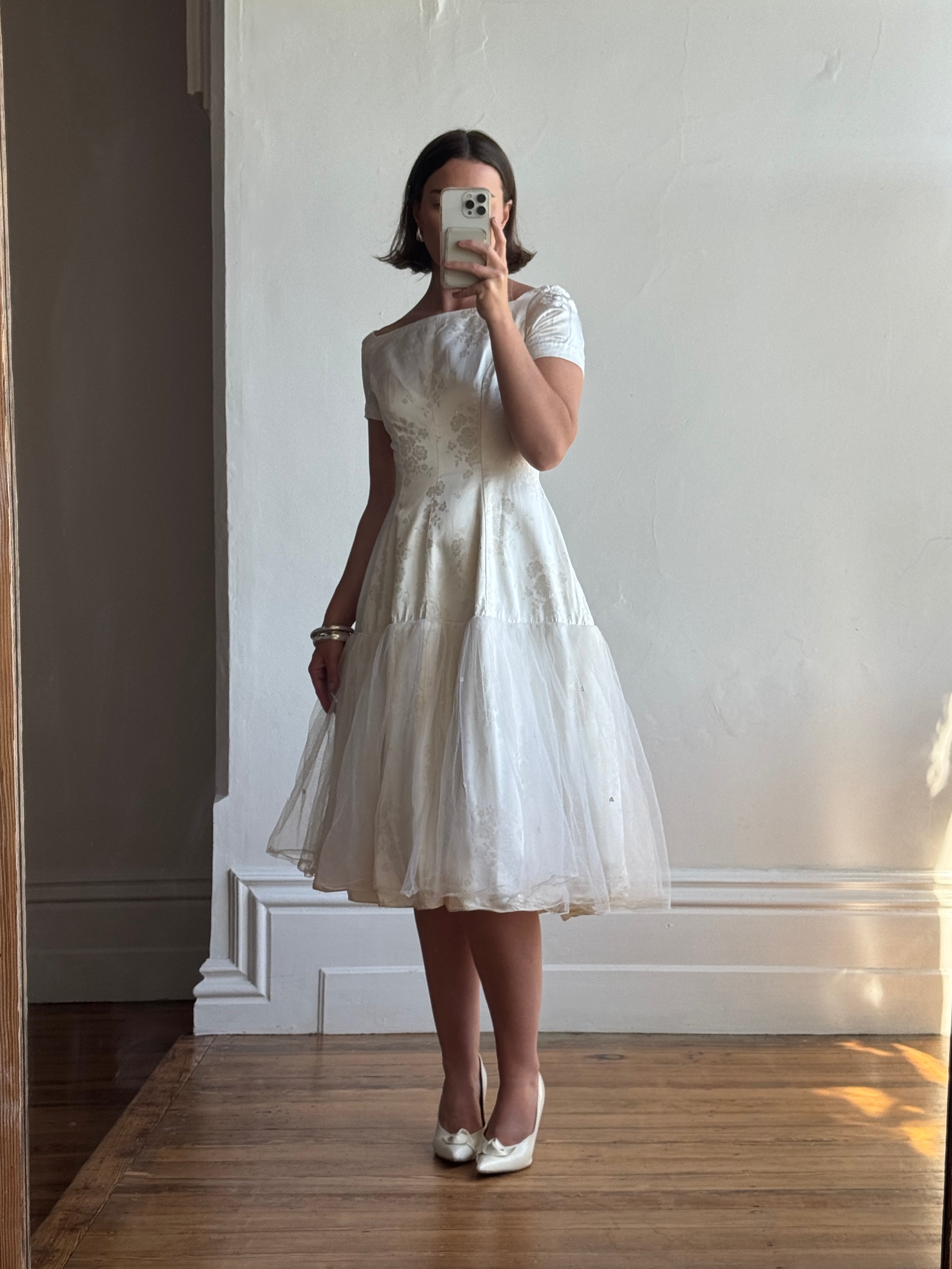 Vintage 50s Tea Length Jacquard Satin and Tulle Wedding Dress