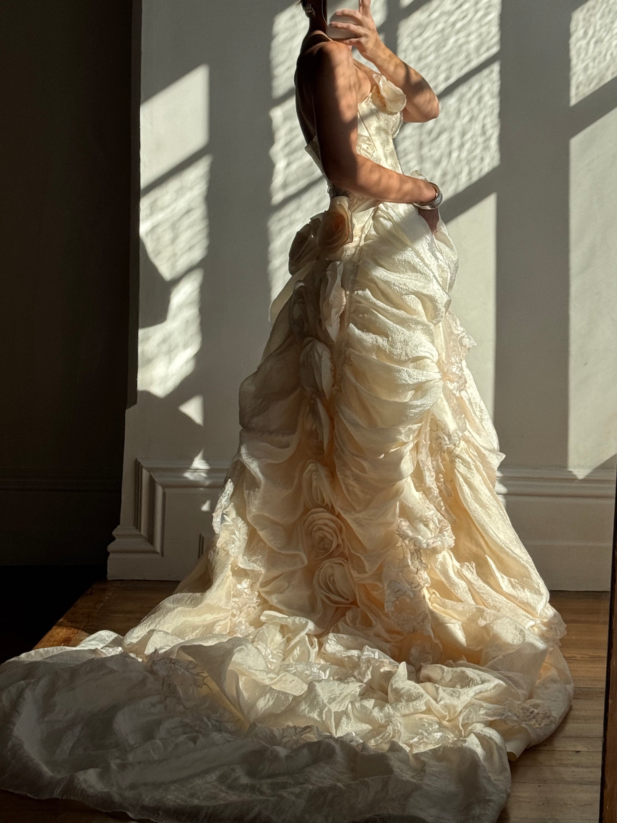 Vintage 90s Strapless Rosette Bubble Wedding Gown Peachy Creme