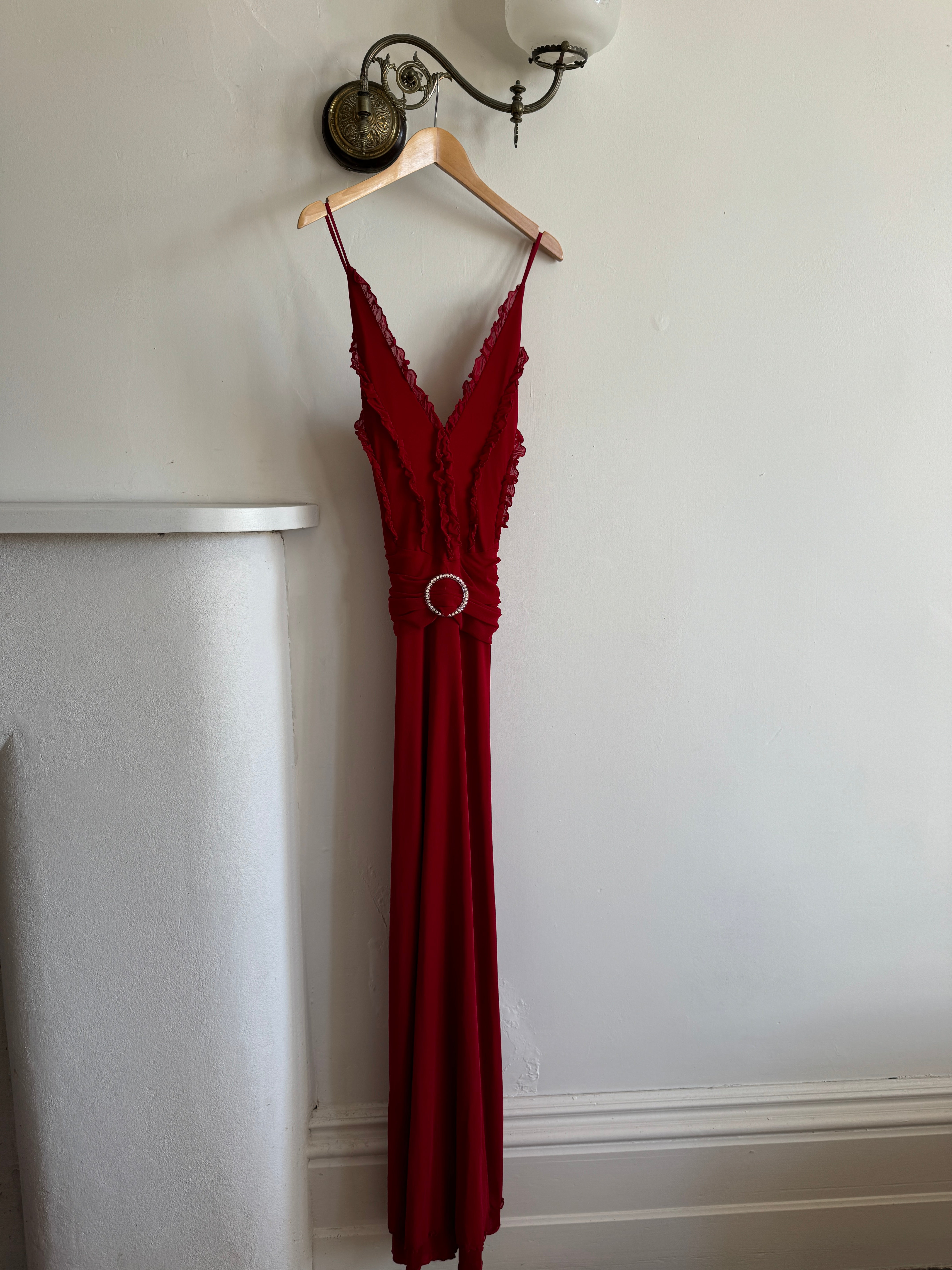 Vintage 90s Flame Red Ruffle Evening Dress with Rhinestone Belt
