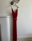Vintage 90s Flame Red Ruffle Evening Dress with Rhinestone Belt