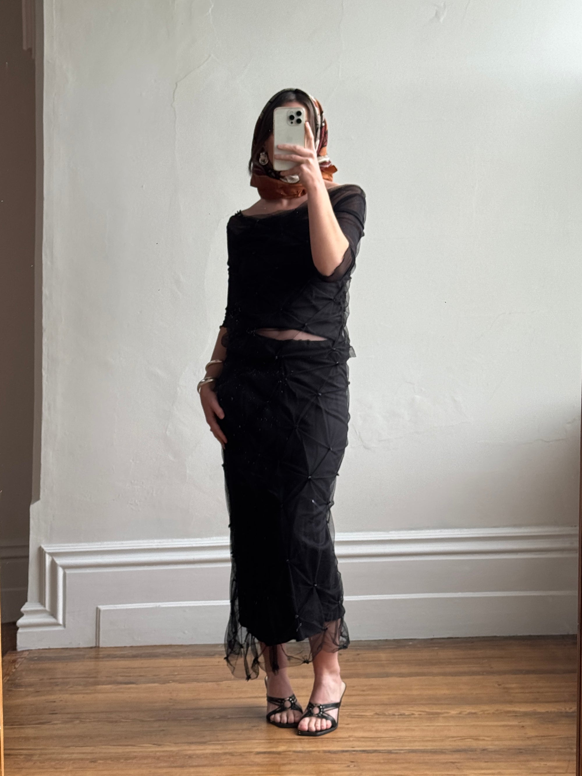 Vintage 90s Mesh Smocked Two Piece Set noir