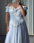 Vintage 80s 3D Floral Off Shoulder Bridal Gown and Veil