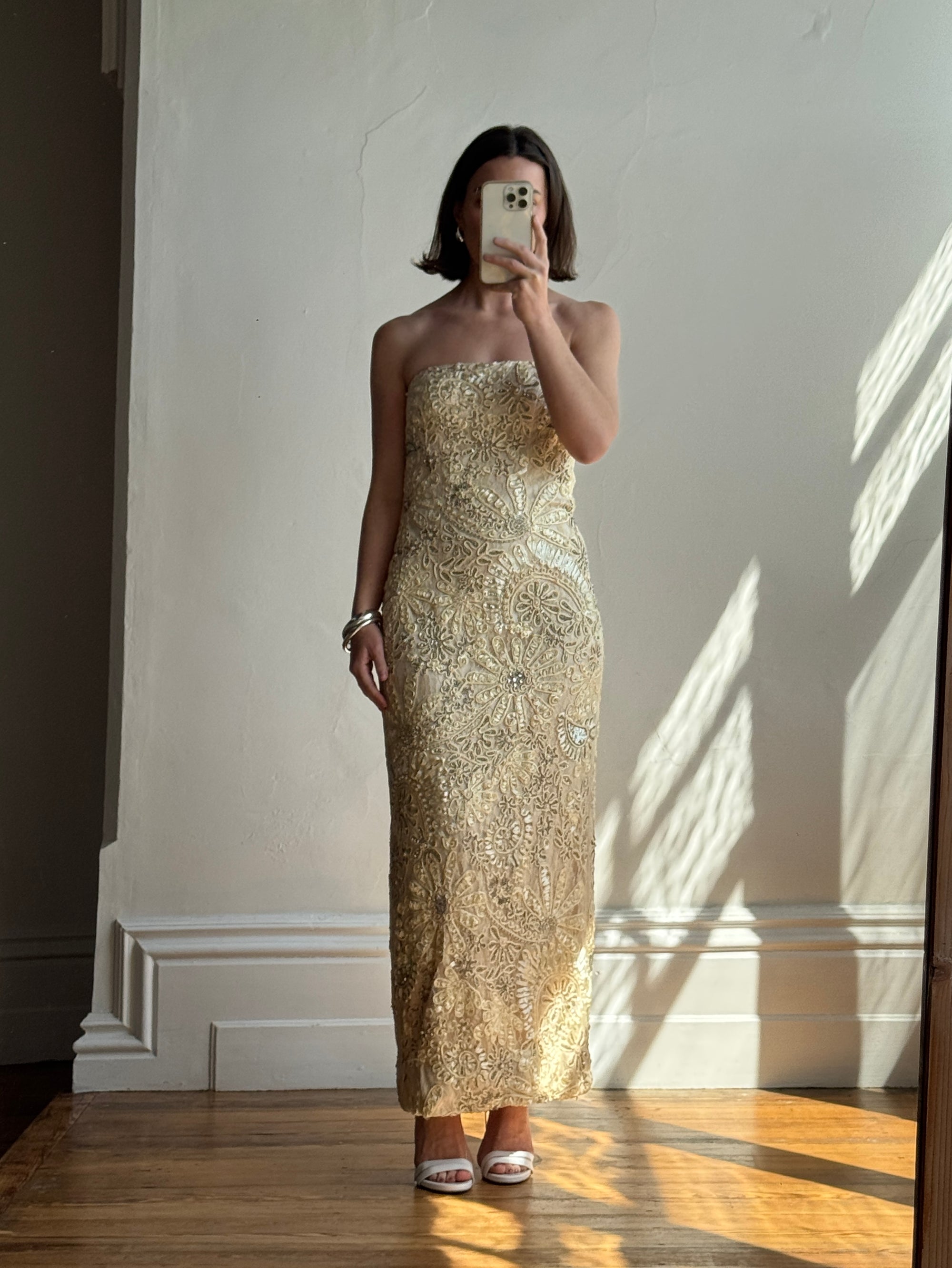 Vintage 90s Strapless Cream Ribbon Bead Embroidered Midi