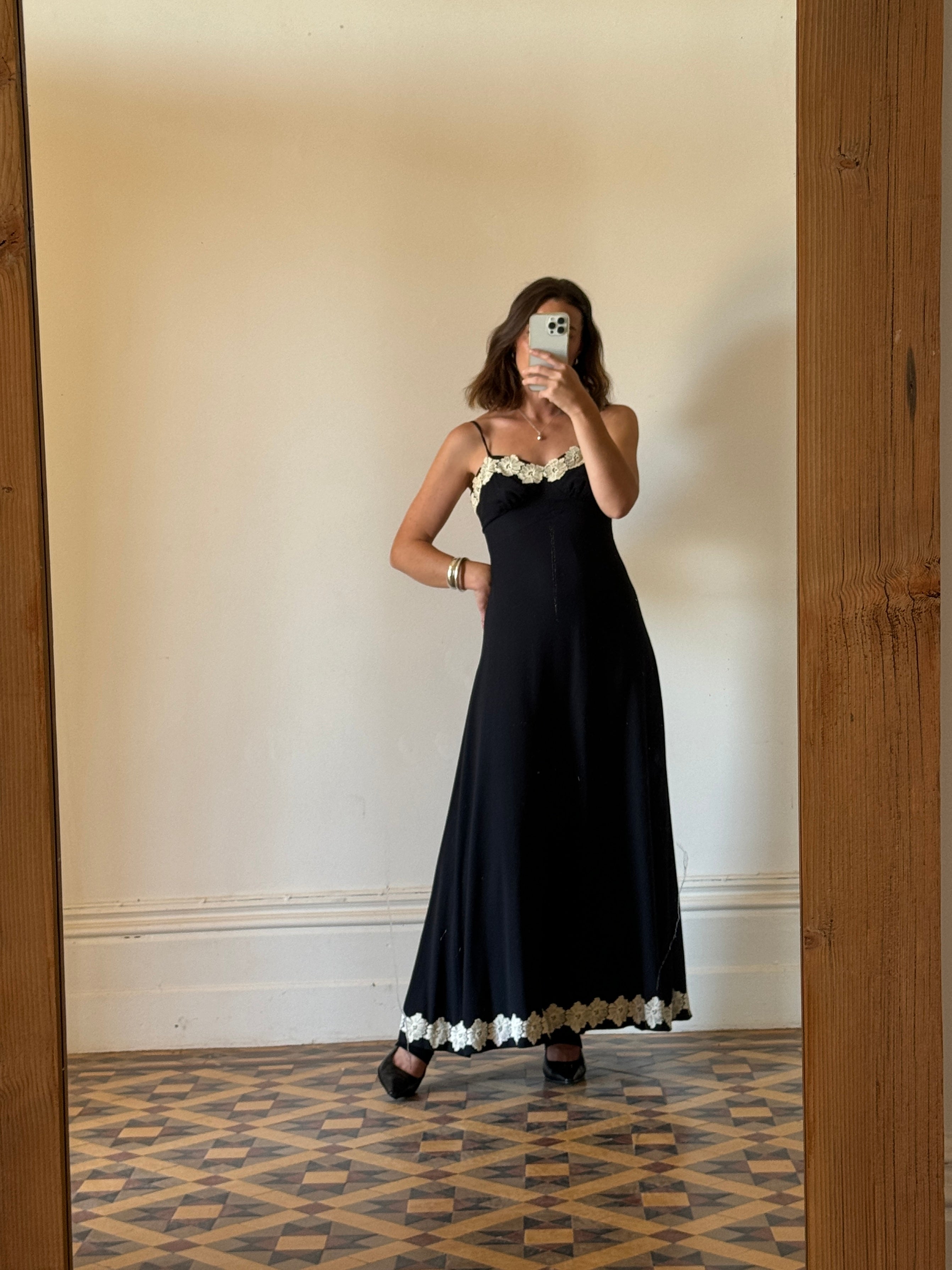 Vintage Black Crepe Midi Dress with Cream Floral Applique