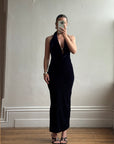 Vintage 90s Plunging Navy Velvet Bodycon Dress with Silver Hardware