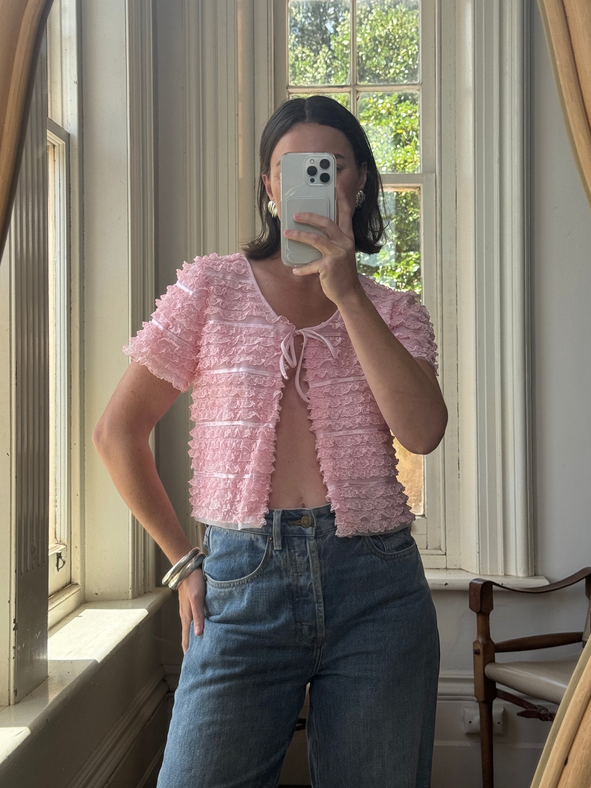 Vintage 50s Cotton Candy Pink Frilled Tie Top