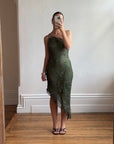 Vintage 90s Pure Silk Embellished Asymmetrical Midi Dress Olive