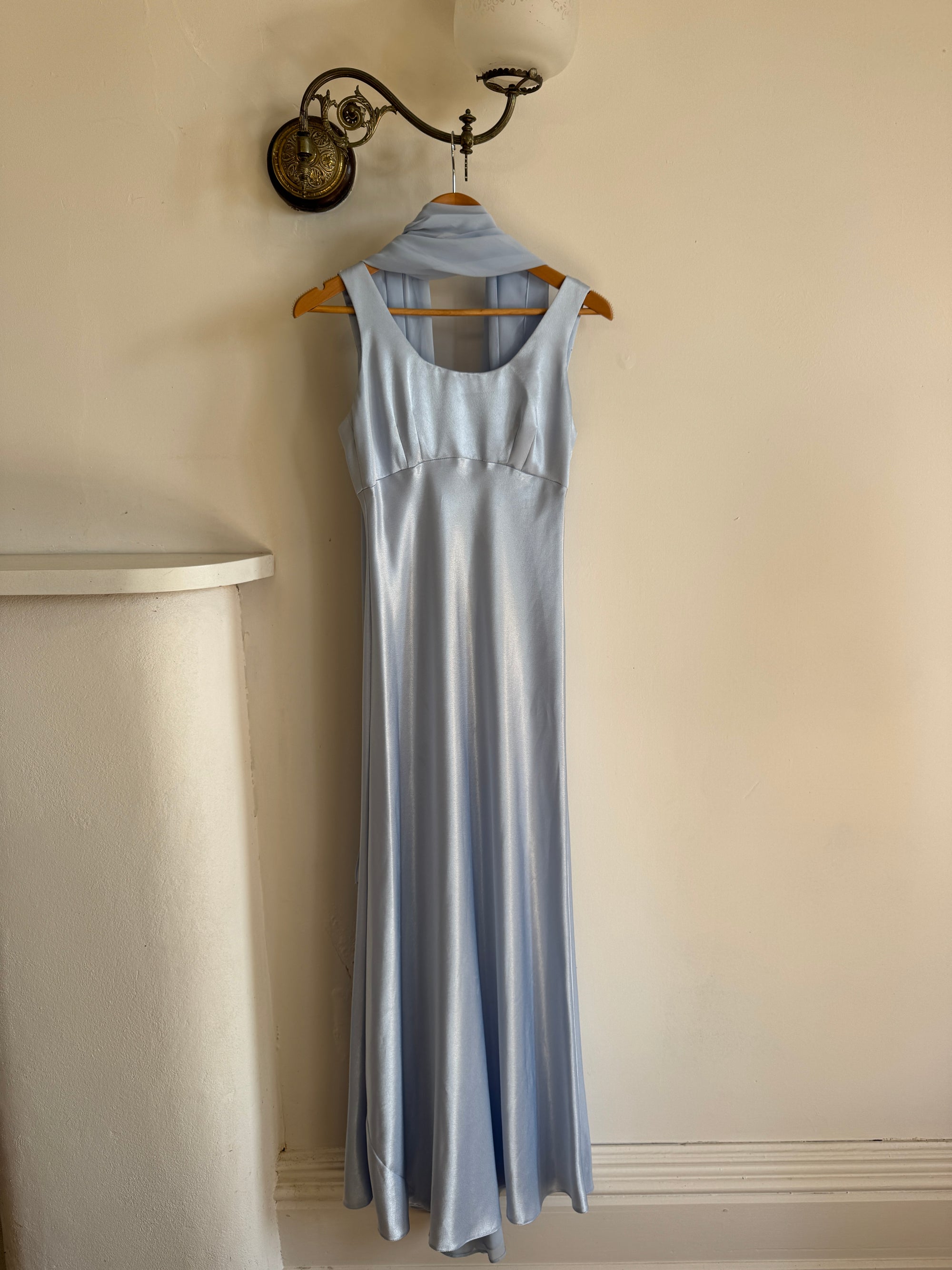 Vintage 90s Australian Made Satin Prom Dress with Scarf Ice Blue