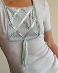 Vintage 70s Milkmaid Crepe Sundress Ice Blue