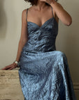Vintage 90s Blue Crinkle Bias Slip Dress
