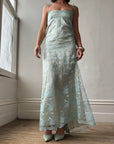 Vintage 90s Jenny Bannister Lace Mesh Prom Dress Baby Blue