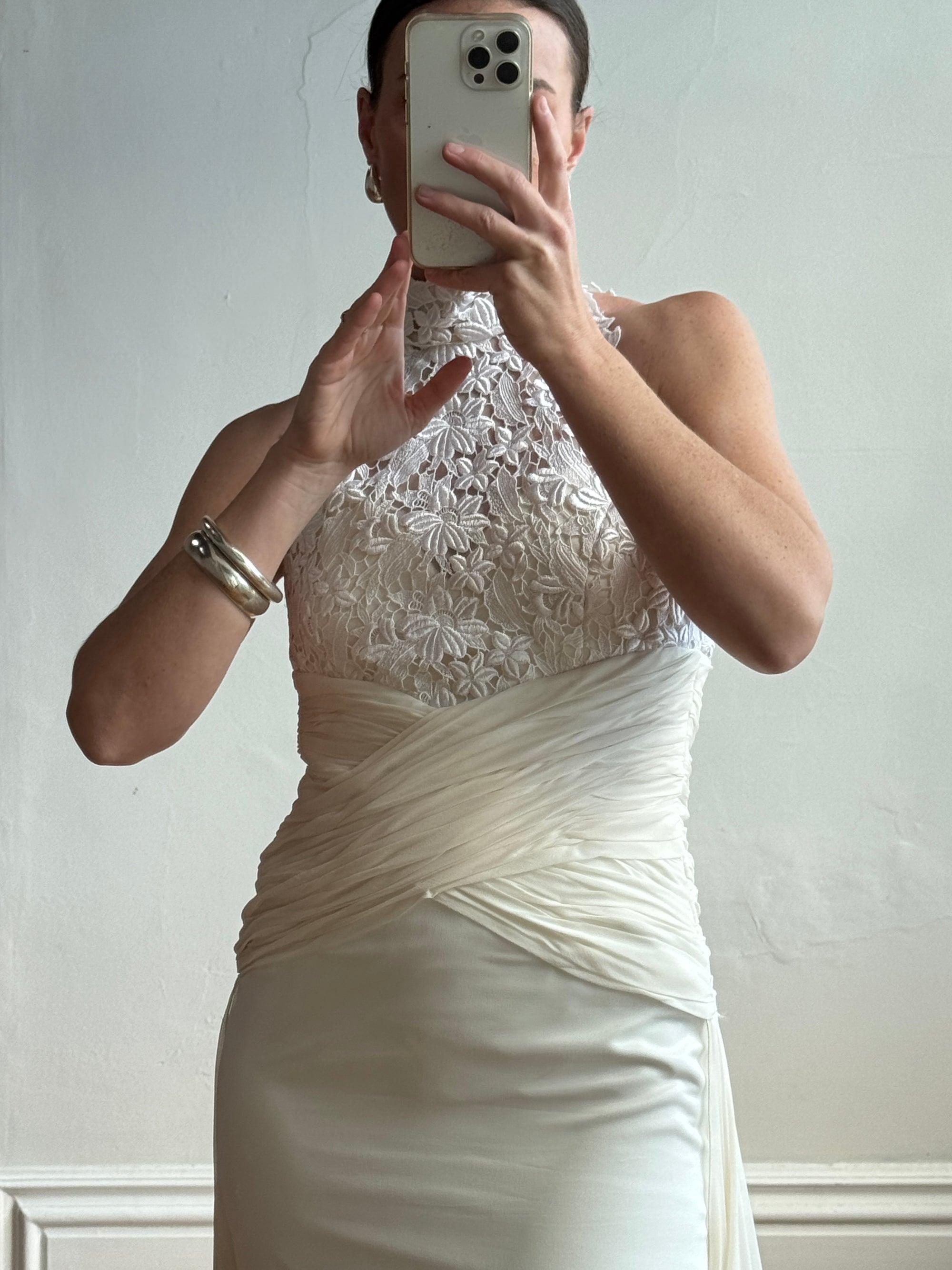 Vintage 90s High Front Lace Midi Dress with Pure Silk Train