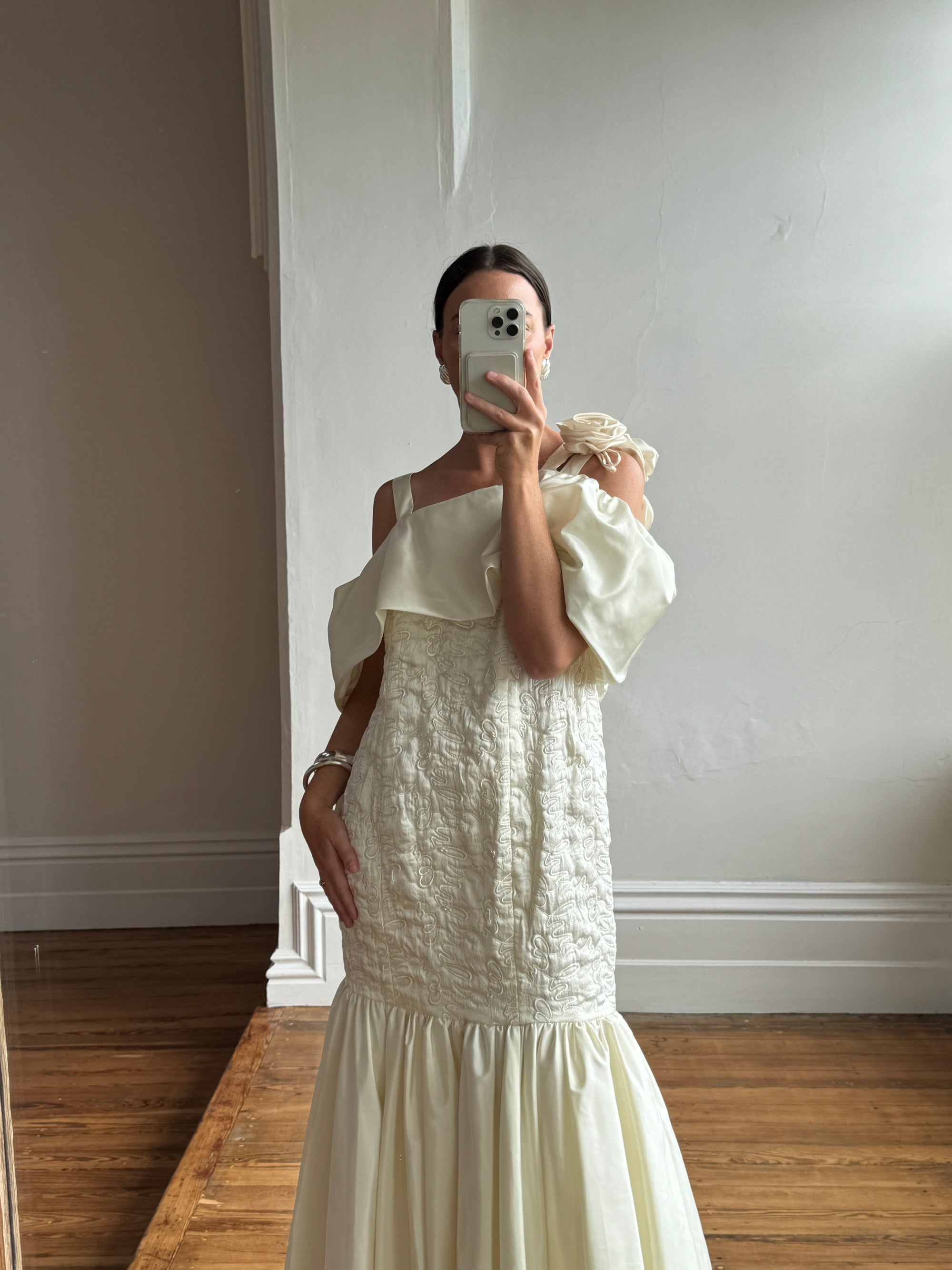 Vintage 80s Drop Waist Quilted Wedding Dress Creme