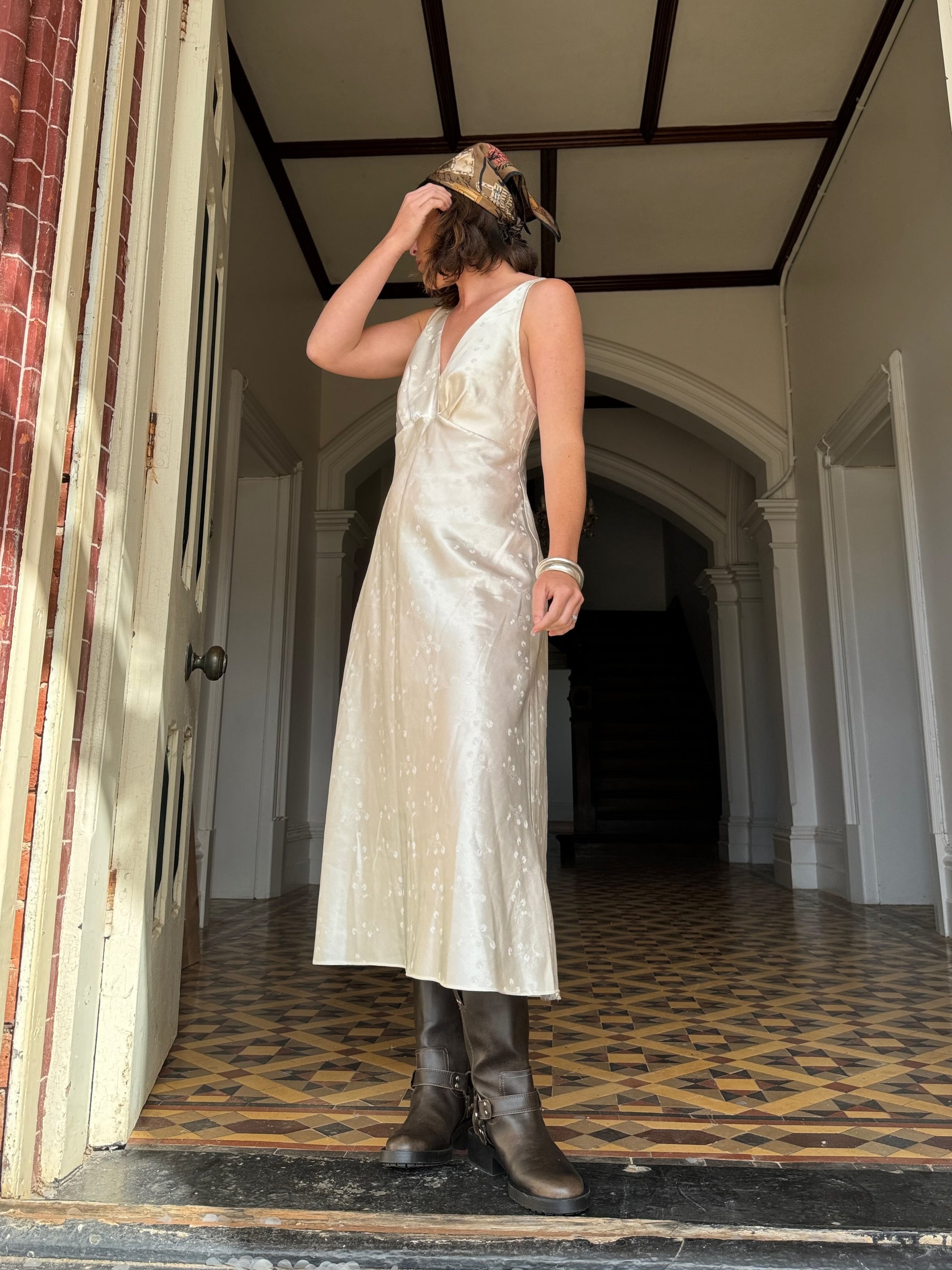 Vintage Champagne Satin Jacquard Floral Slip
