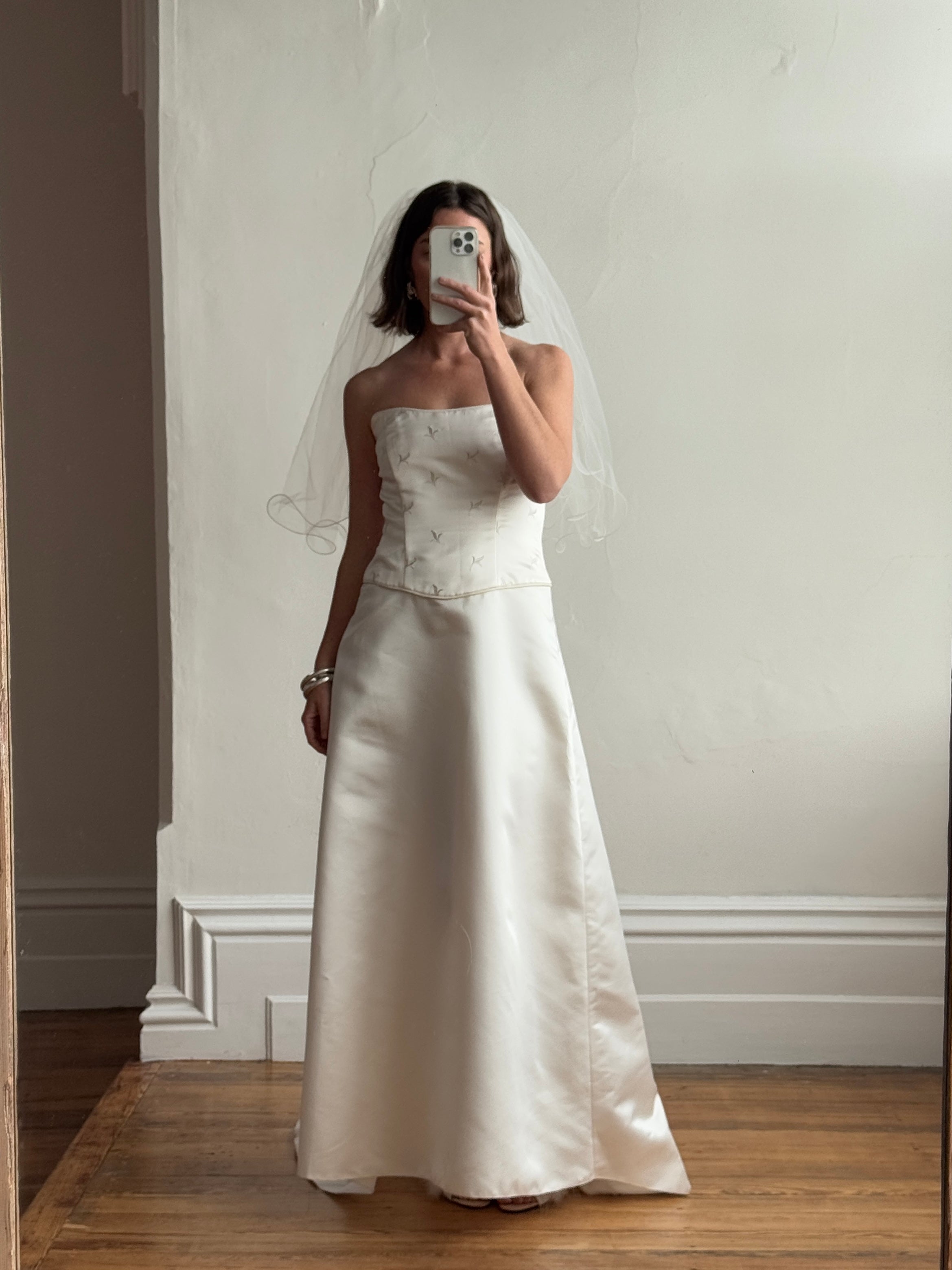 Vintage 90s Australian Made Column Strapless Satin Wedding Dress